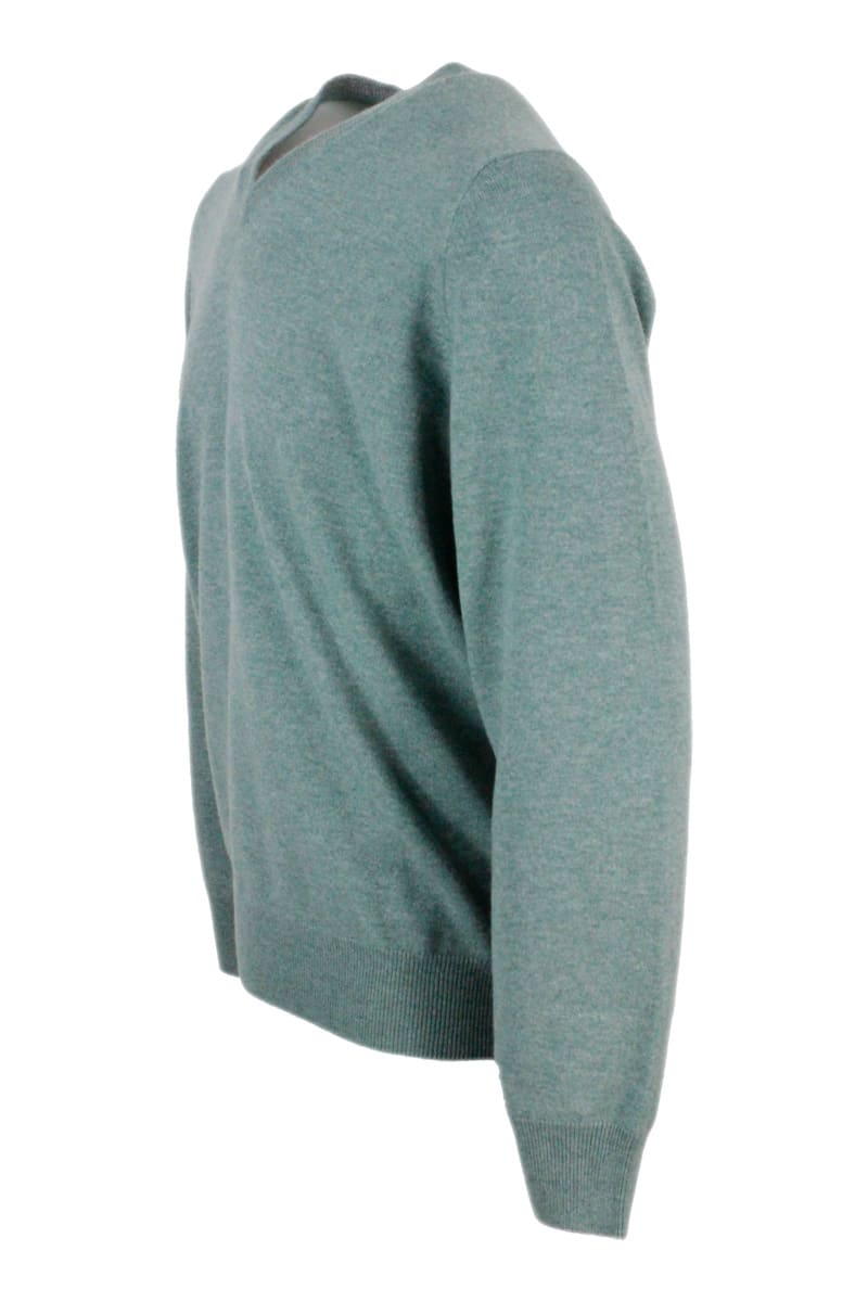 Shop Brunello Cucinelli 100% Cashmere V-neck Sweater With Contrasting Profile In Blu - Grey