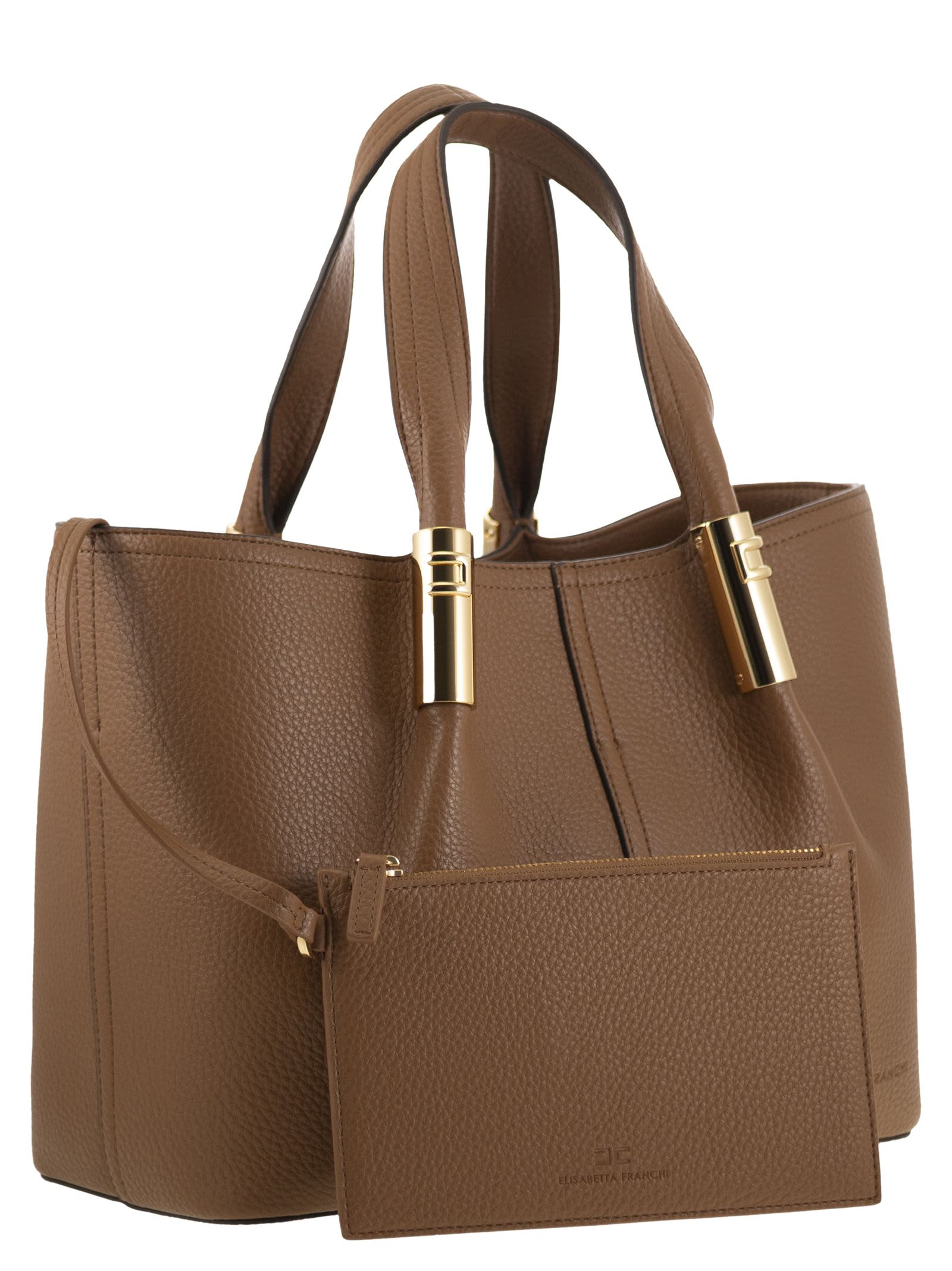 Elisabetta Franchi Medium Tote Bag With Logo Details In Brown