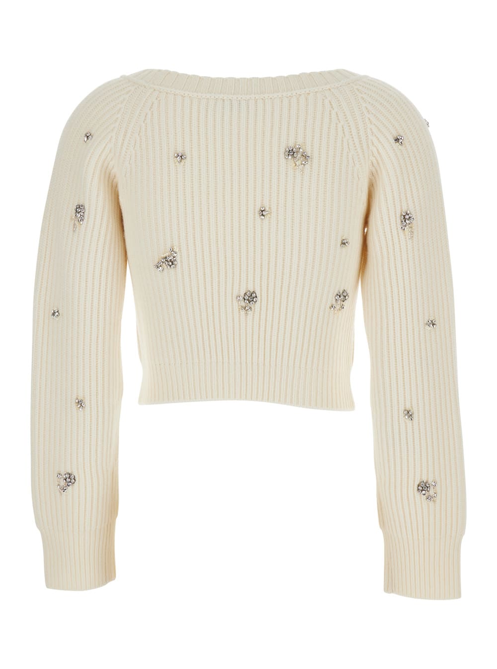 Simkhai Novah White Cropped Rhinestoned Cardigan With V Neck In Wool And Cashmere Woman In Multi