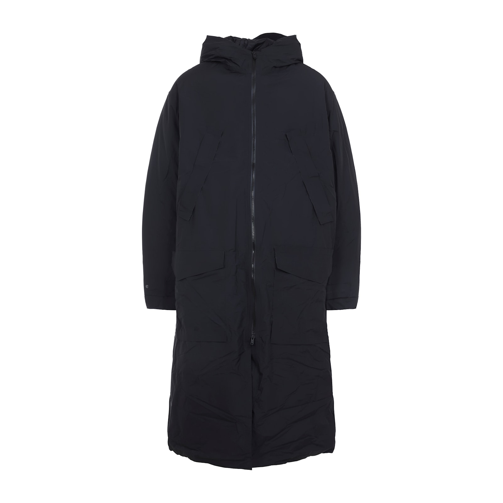 Y-3 Minimalist Black Long Coat With Flap Pockets And Hood In Black