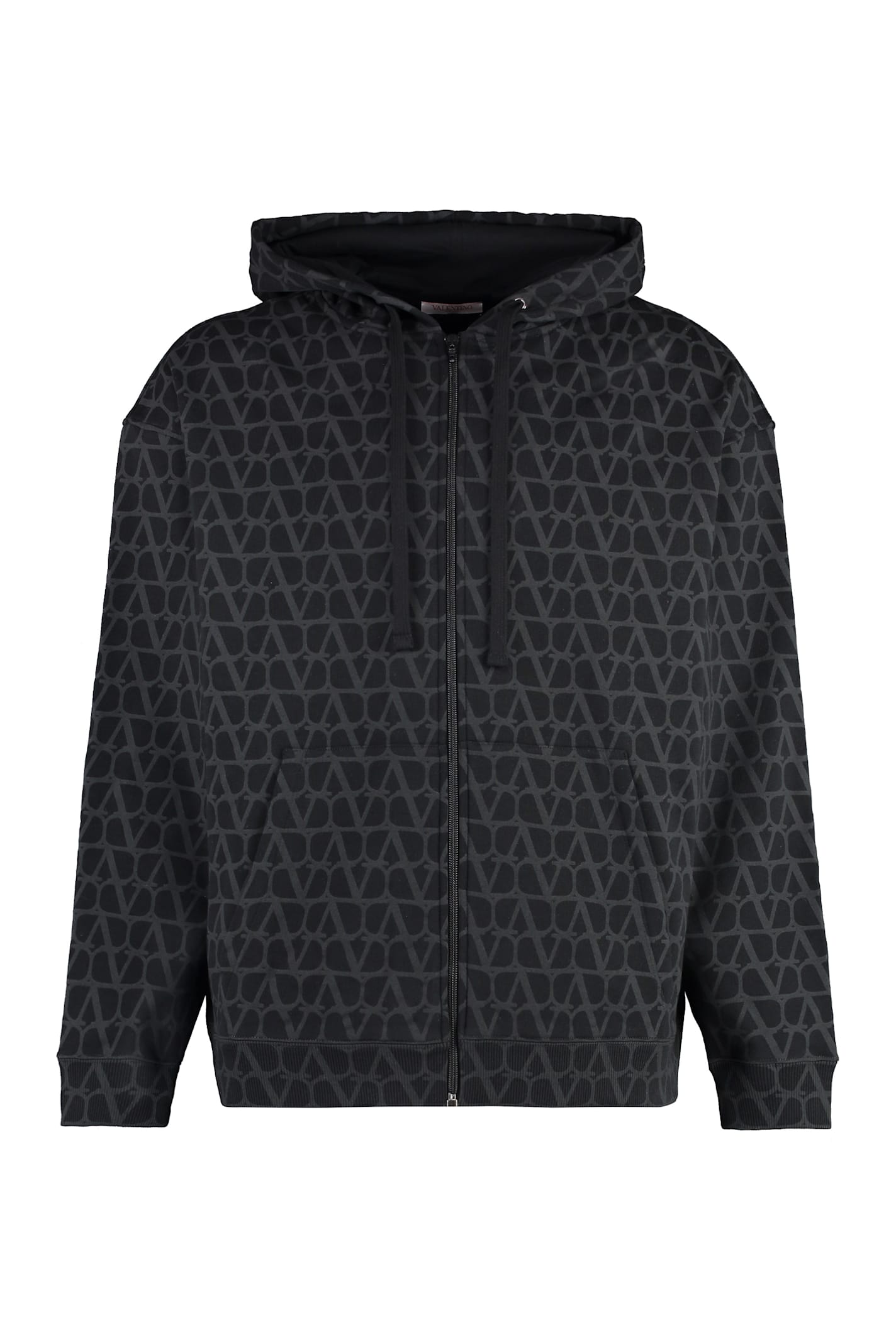 Shop Valentino Cotton Full Zip Hoodie In Black