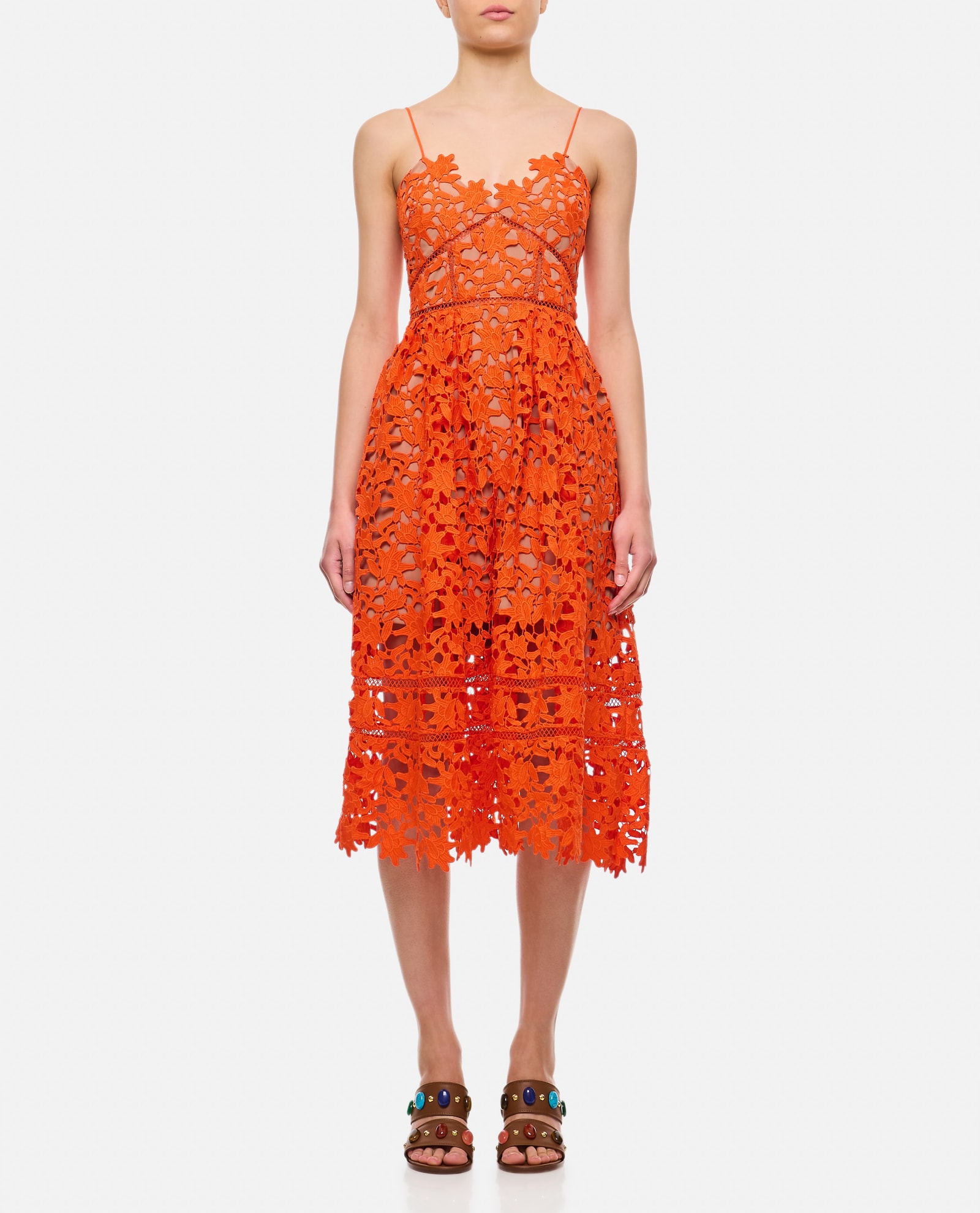 Shop Self-portrait Azaelea Lace Midi Dress In Orange