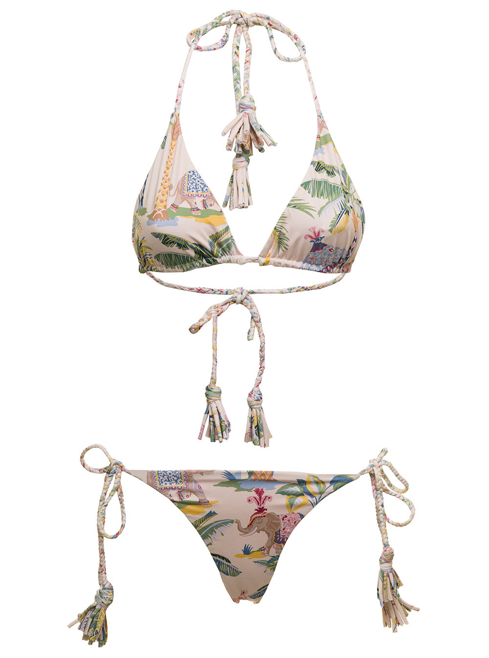 Red Valentino Womans Multicolor Stretch Fabric Bikini With Elephant Print And Tassels
