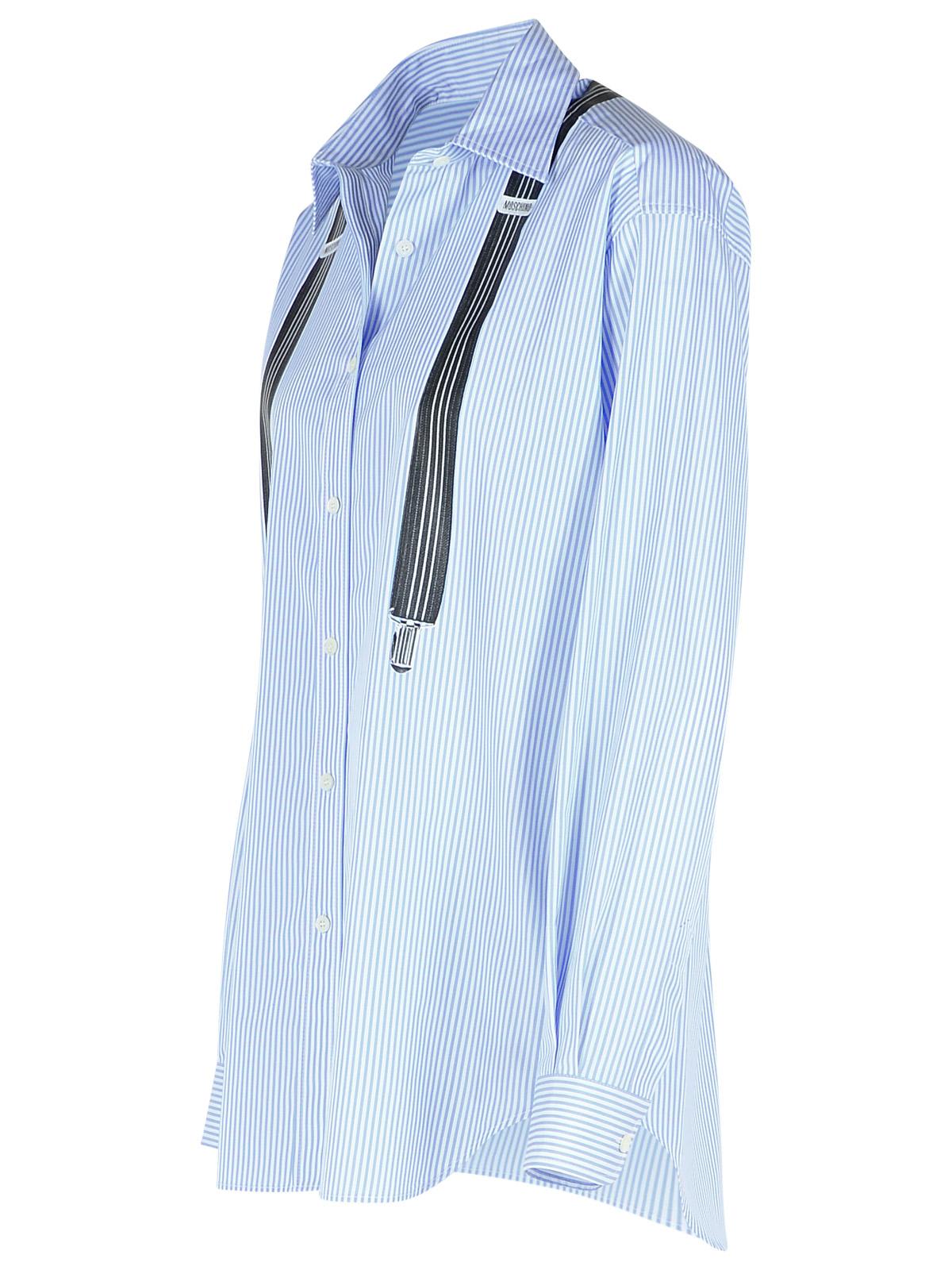 Moschino Couture Light Blue Cotton Striped Shirt With Decorative Straps In Light Blue