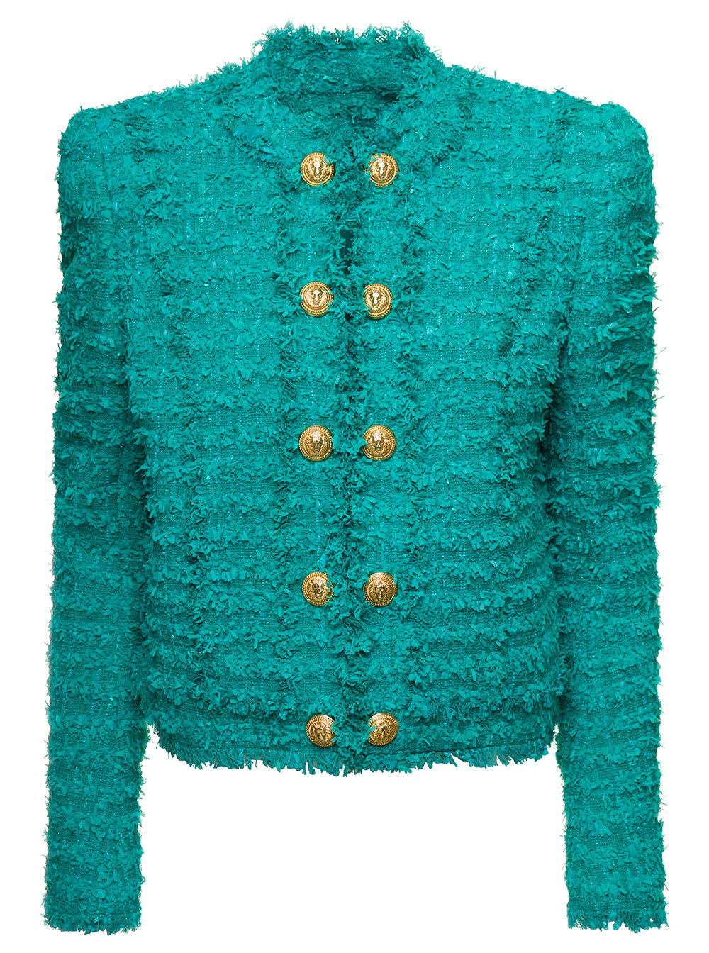 Balmain Collarless Buttoned Tweed Blazer In Green | ModeSens