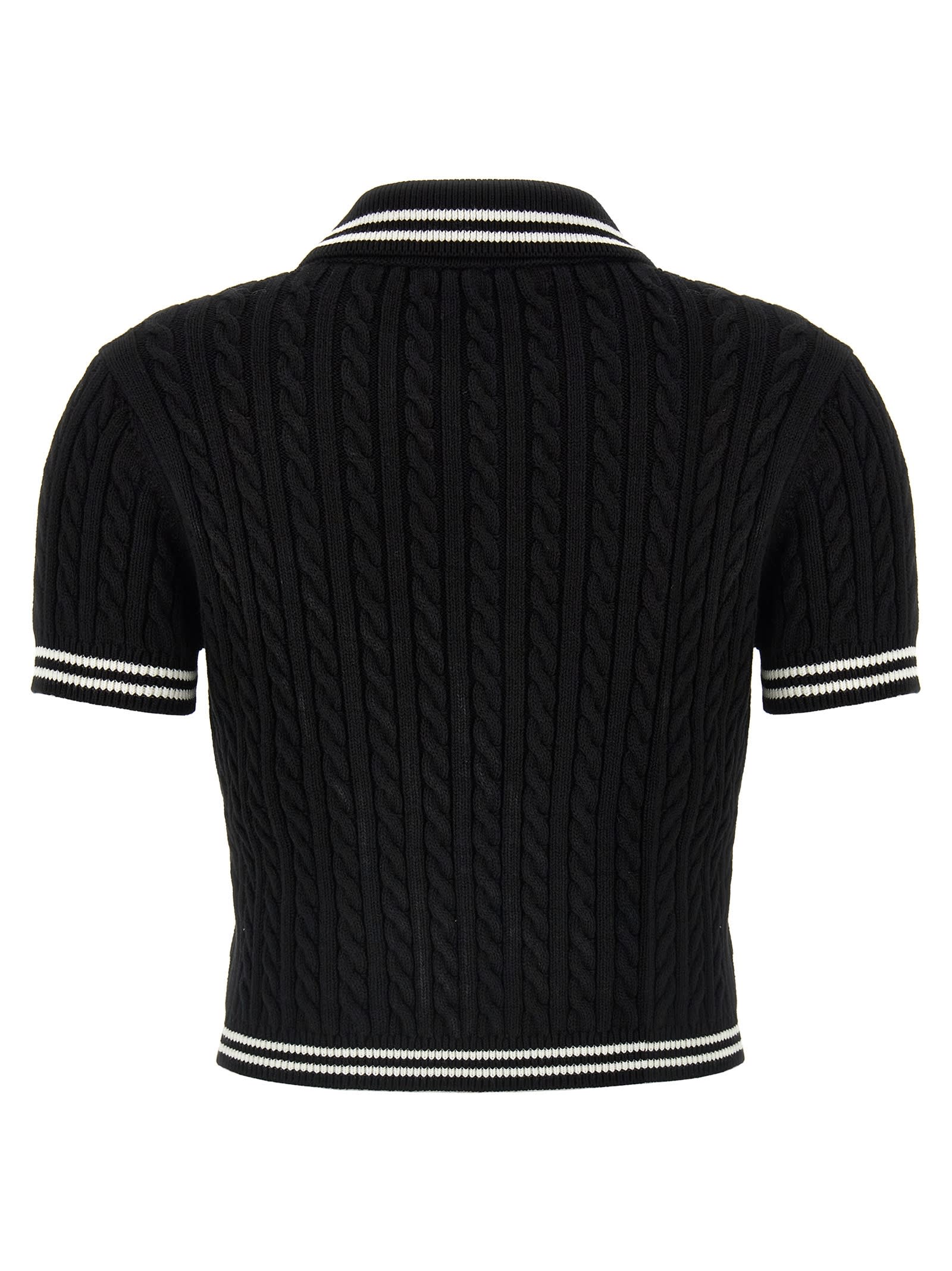 Alessandra Rich Braided Cotton Polo Shirt With Contrast Details In White/black