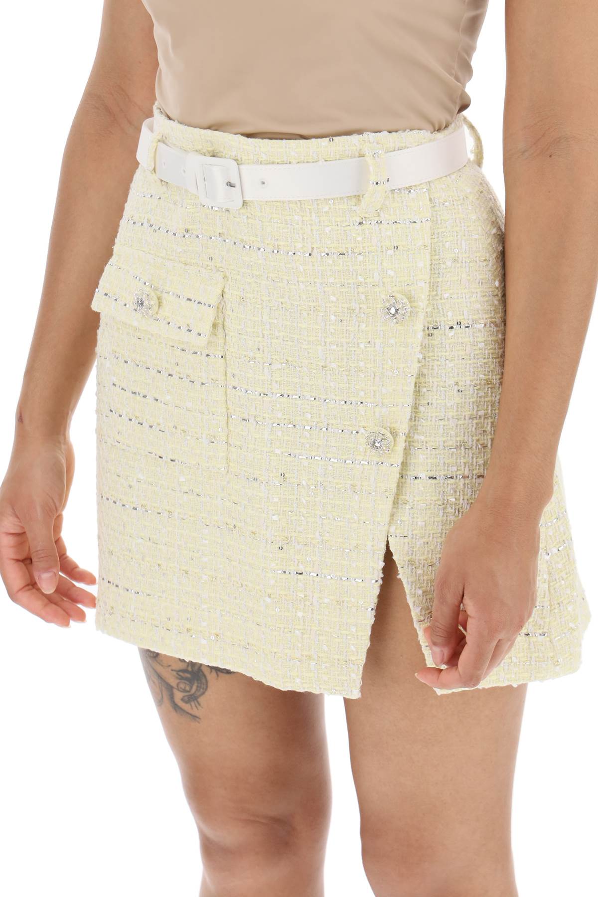 Shop Self-portrait Wrap Mini Skirt In Boucle Tweed In Yellow (yellow)