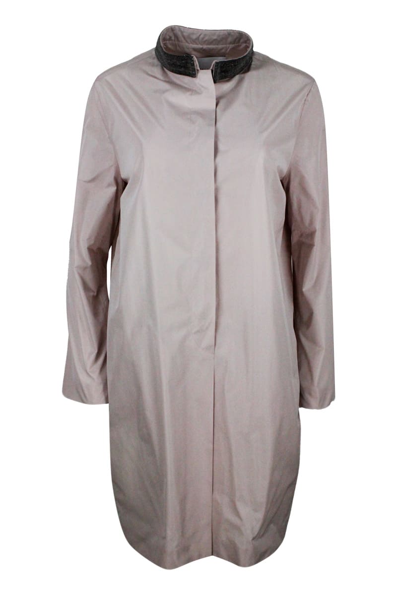 Fabiana Filippi Waterproof Trench Coat In Light Nylon With Pop-up Button Closure And Precious Jewels On The Neck In Pink