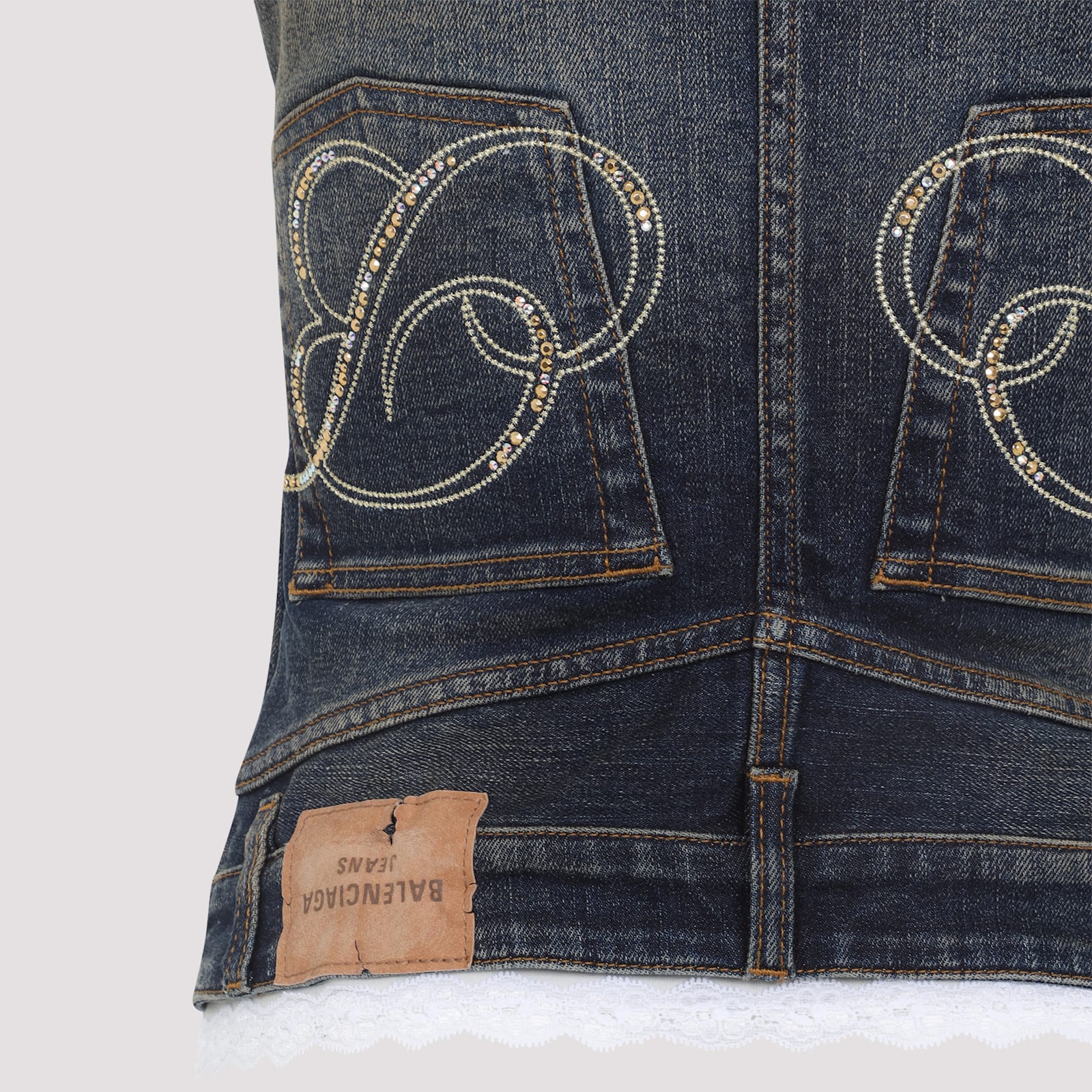 Balenciaga Denim Top With Lace Trim And Rhinestone Embellishments In Black