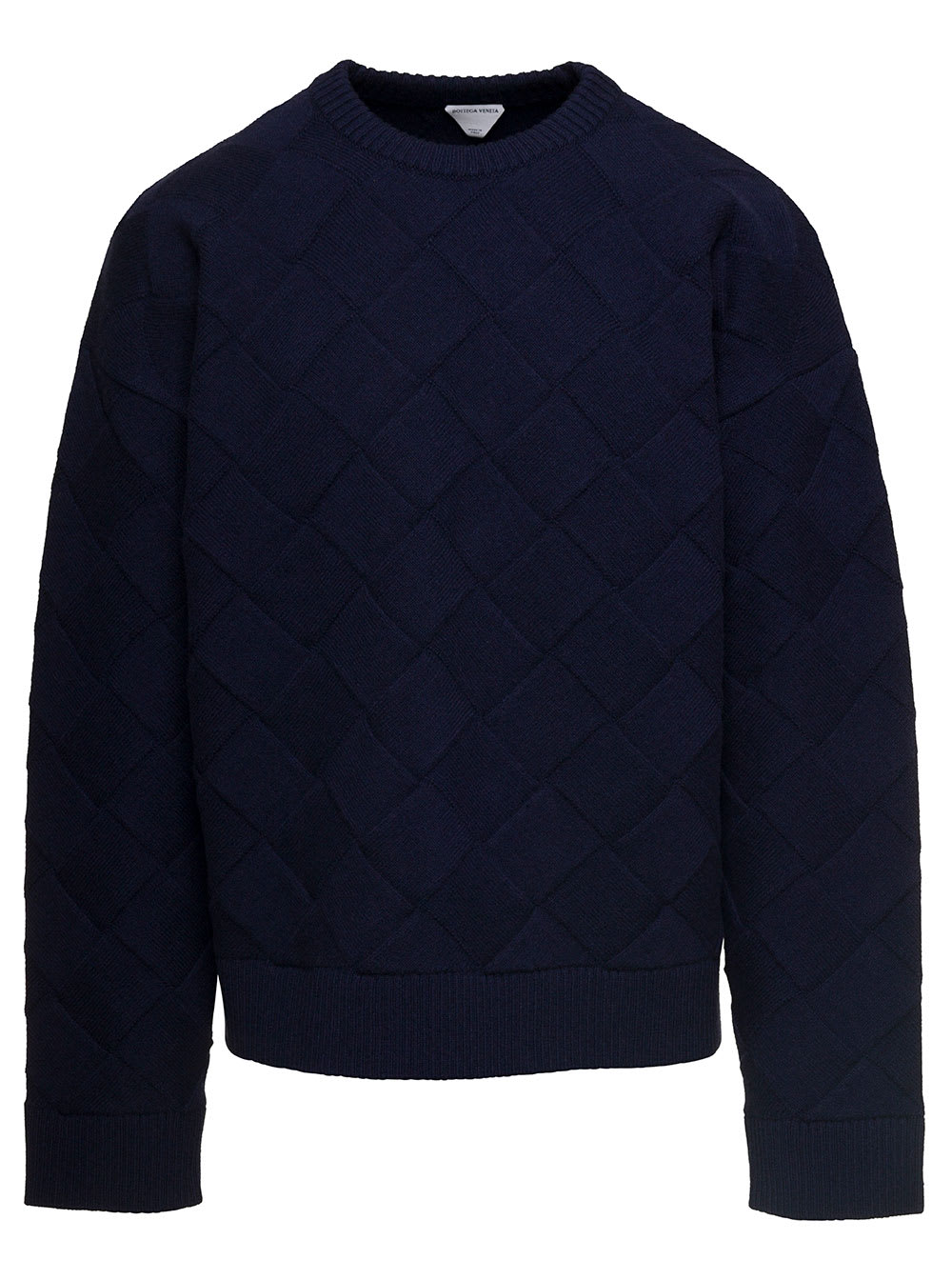 Shop Bottega Veneta Dark Blue Sweater With All-over Intreccio Motif In Wool Man