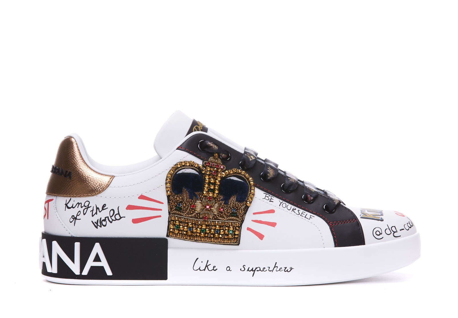 Shop Dolce & Gabbana Portofino Sneakers With Embroidery And Patches In Bianco Nero Oro