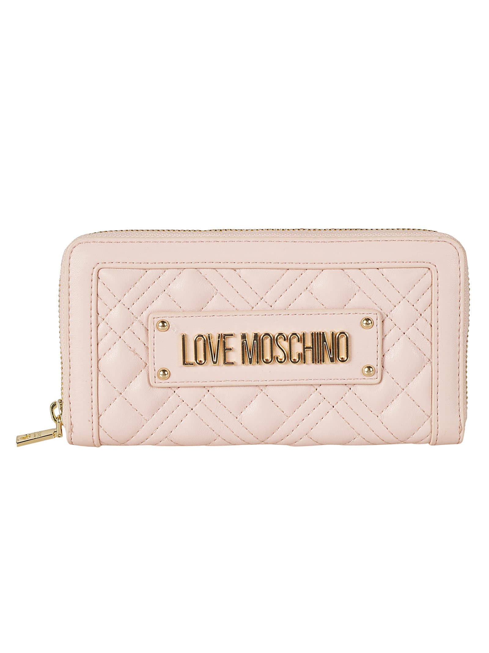 Shop Love Moschino Logo Plaque Quilted Zip-around Wallet In Cipria