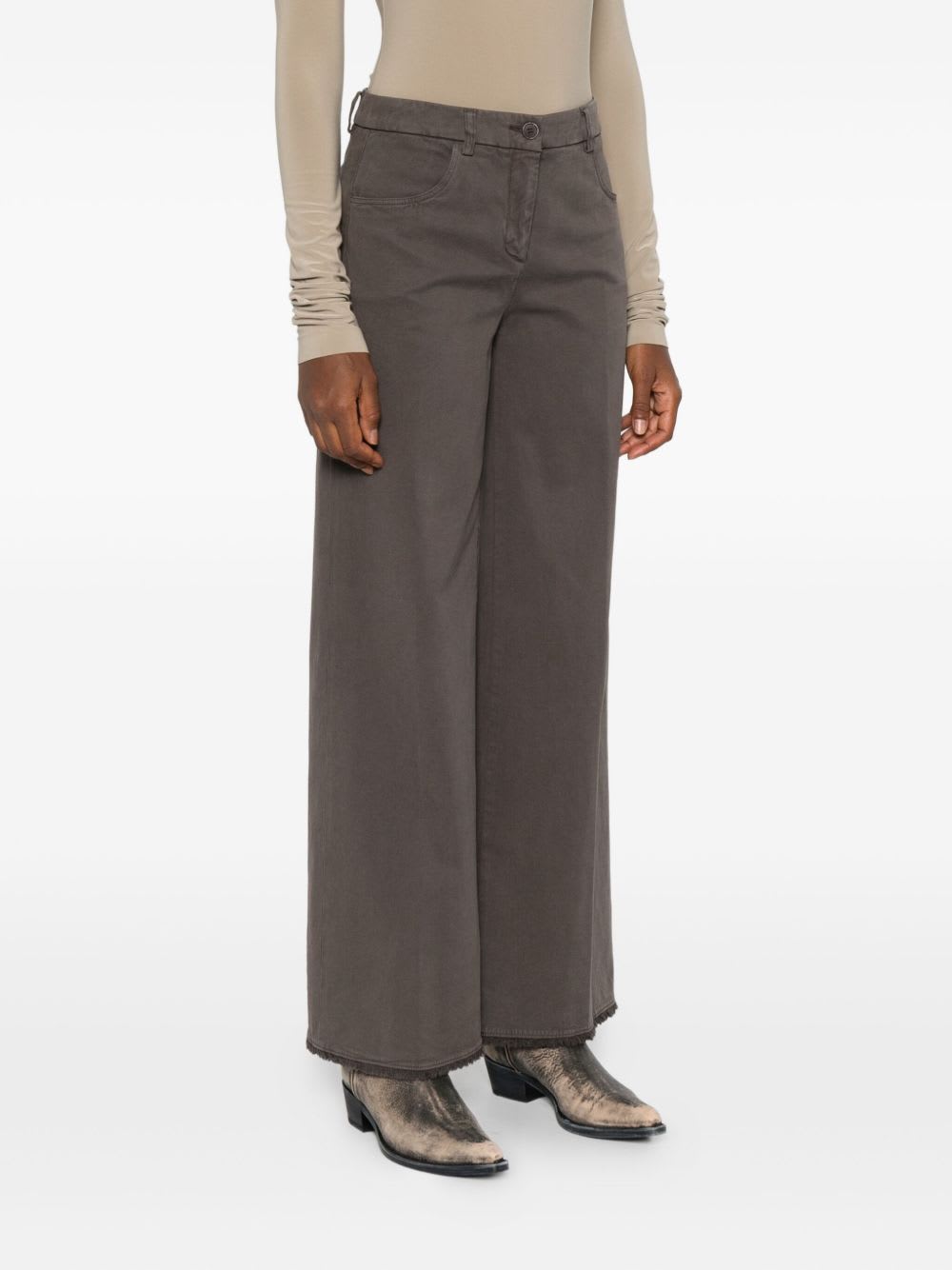 Via Masini 80 Dark Brown Cotton Wide-leg Trousers In Blue