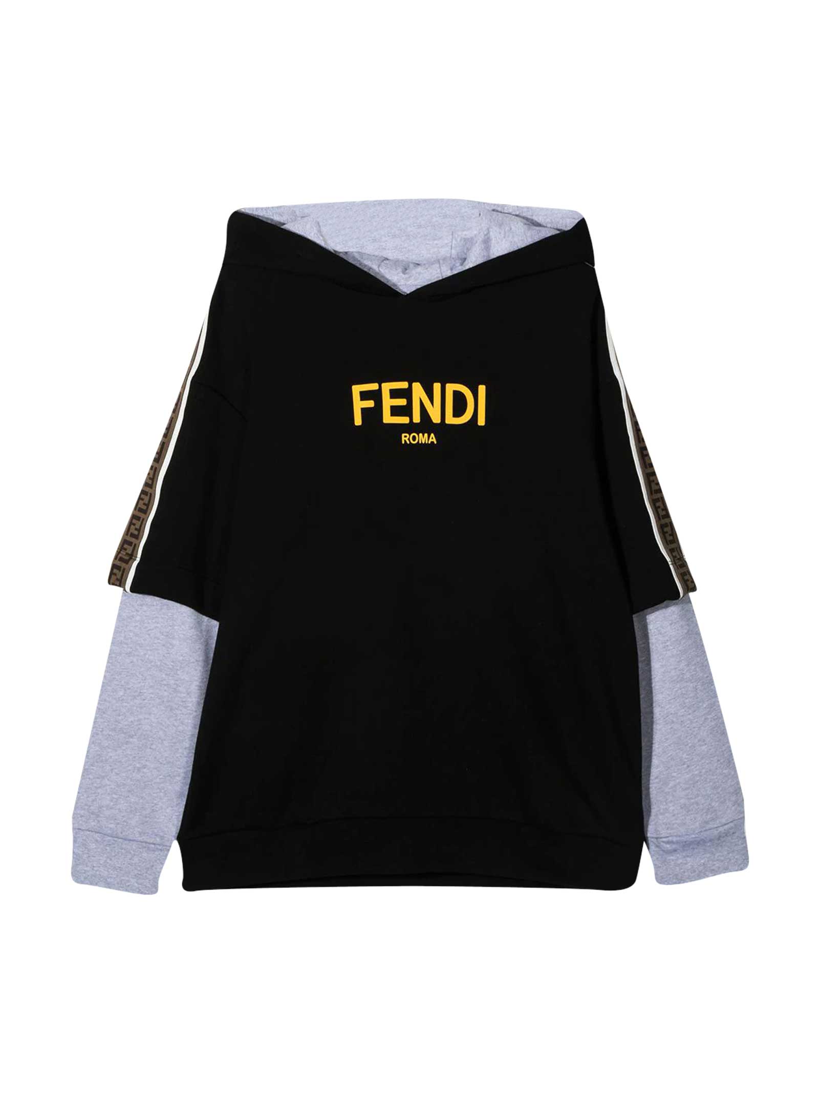 Fendi Black And Gray Sweatshirt With Hood And Front Logo