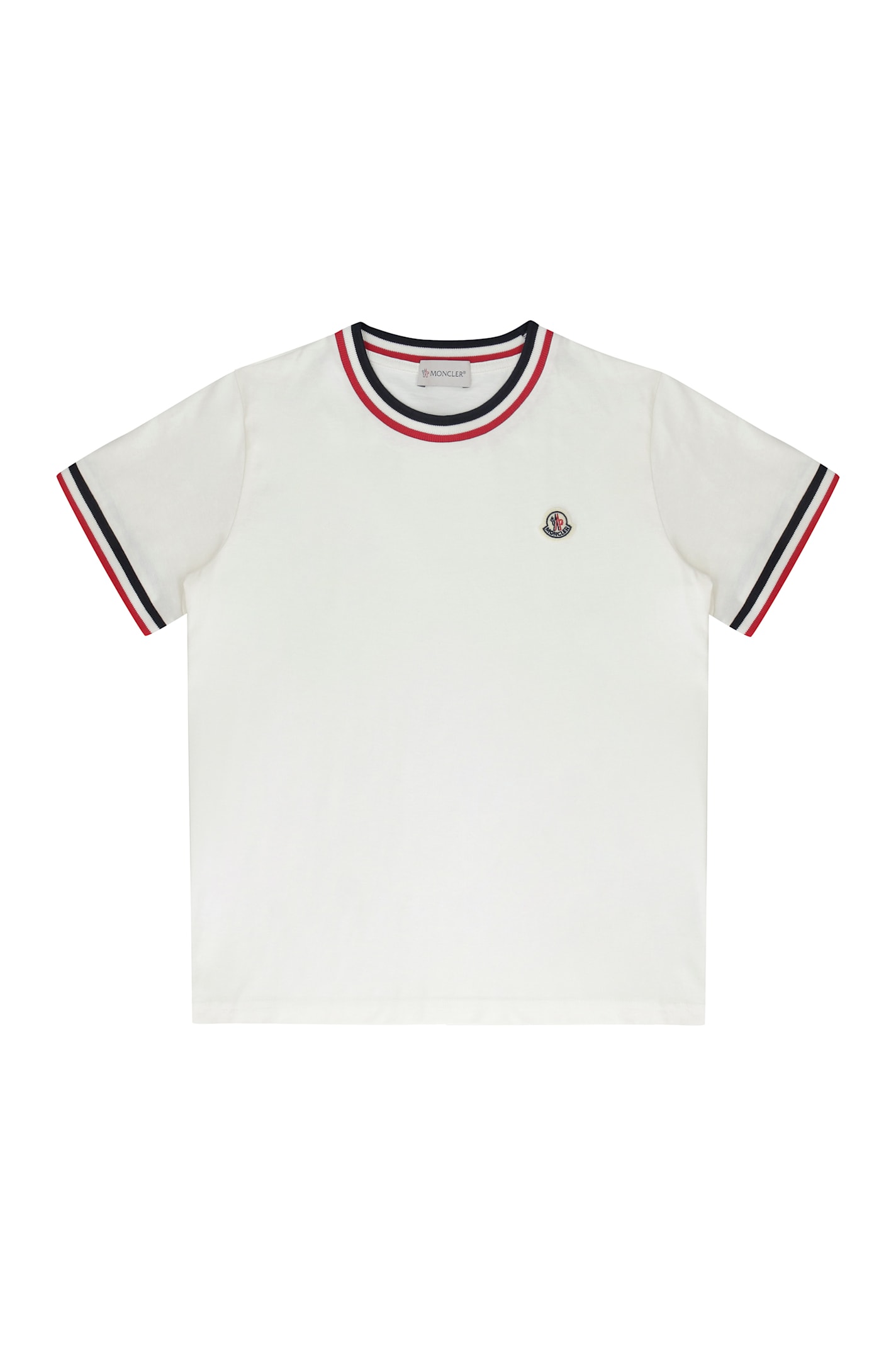 Moncler Boy's Logo Patch Striped Trim T-shirt In White