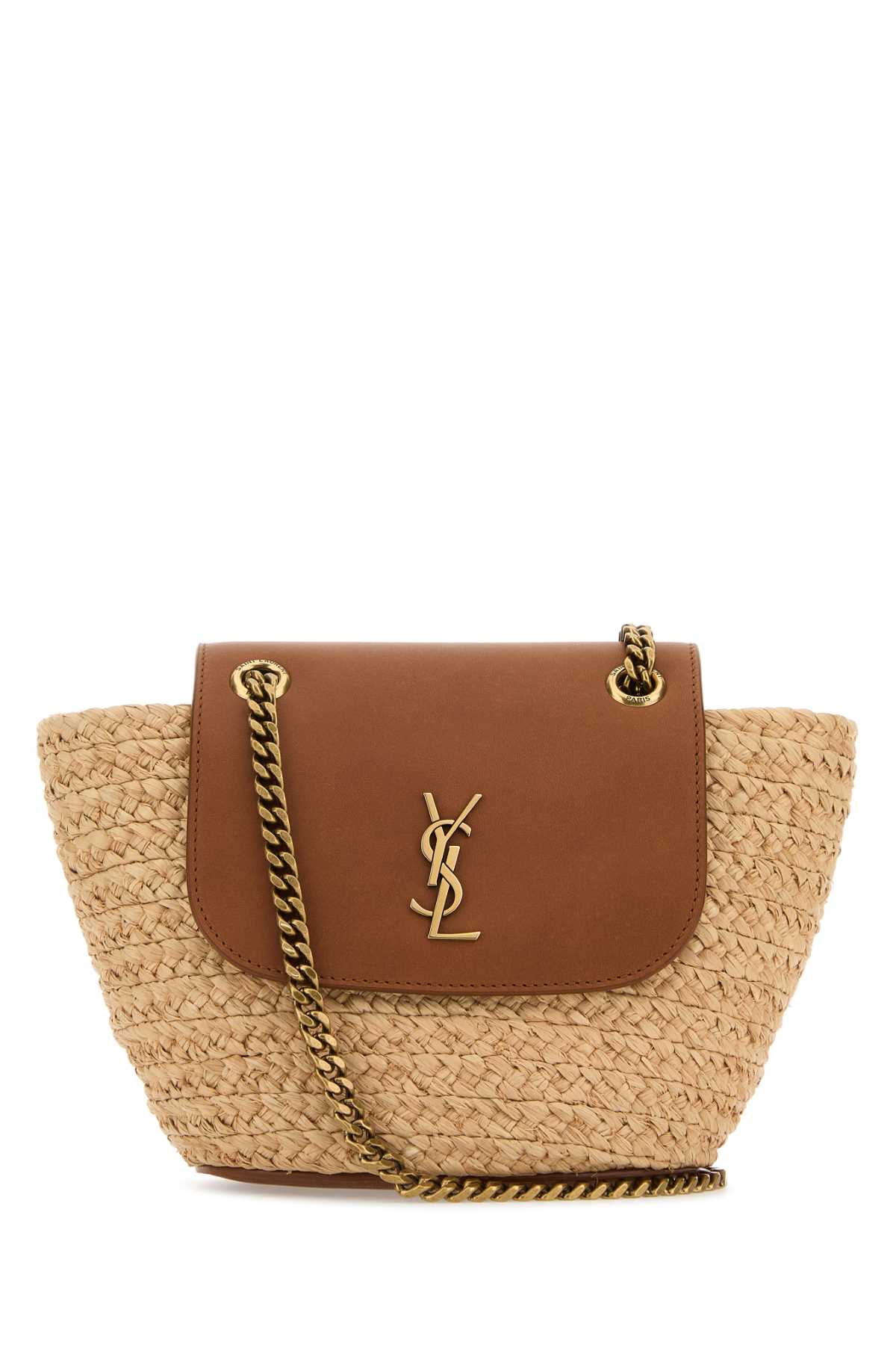 Shop Saint Laurent Two-tone Raffia And Leather Mini Manon Shoulder Bag In Natbrickbrick