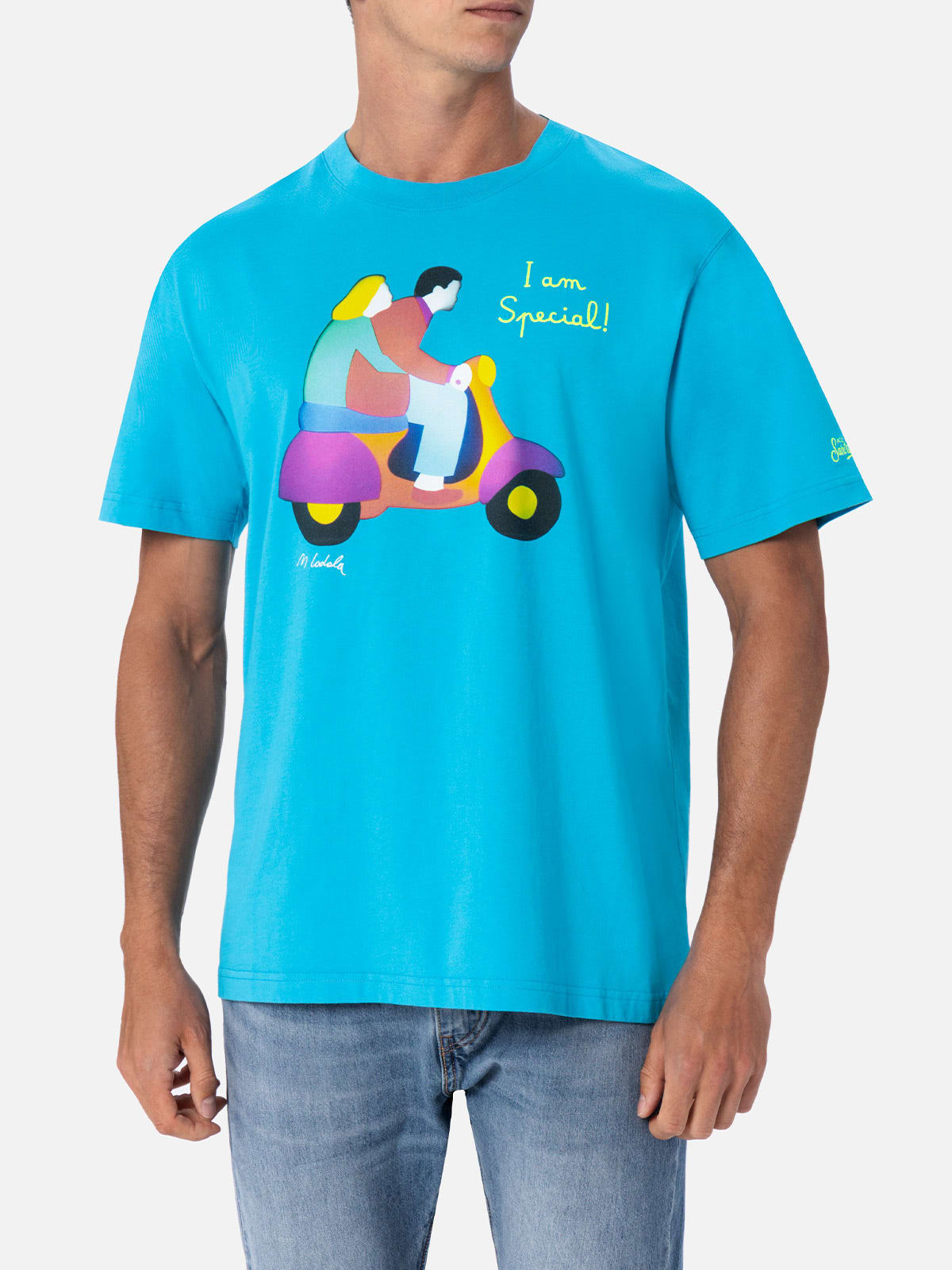 MC2 SAINT BARTH MAN COTTON T-SHIRT WITH LODOLA PLACED PRINT AND EMBROIDERY MARCO LODOLA SPECIAL EDITION