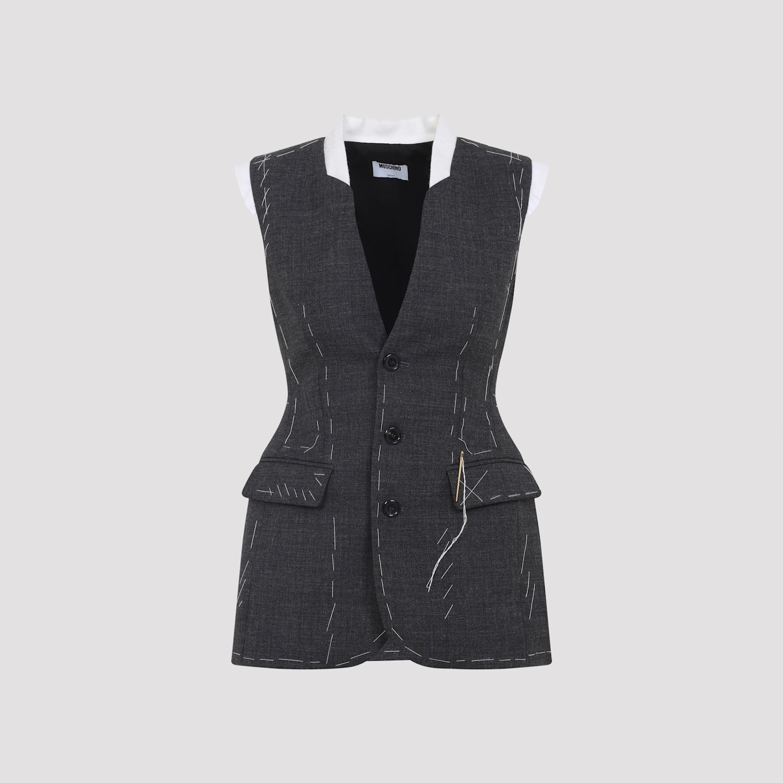 Moschino Sleeveless Wool Vest Tailored Stitching In Gray