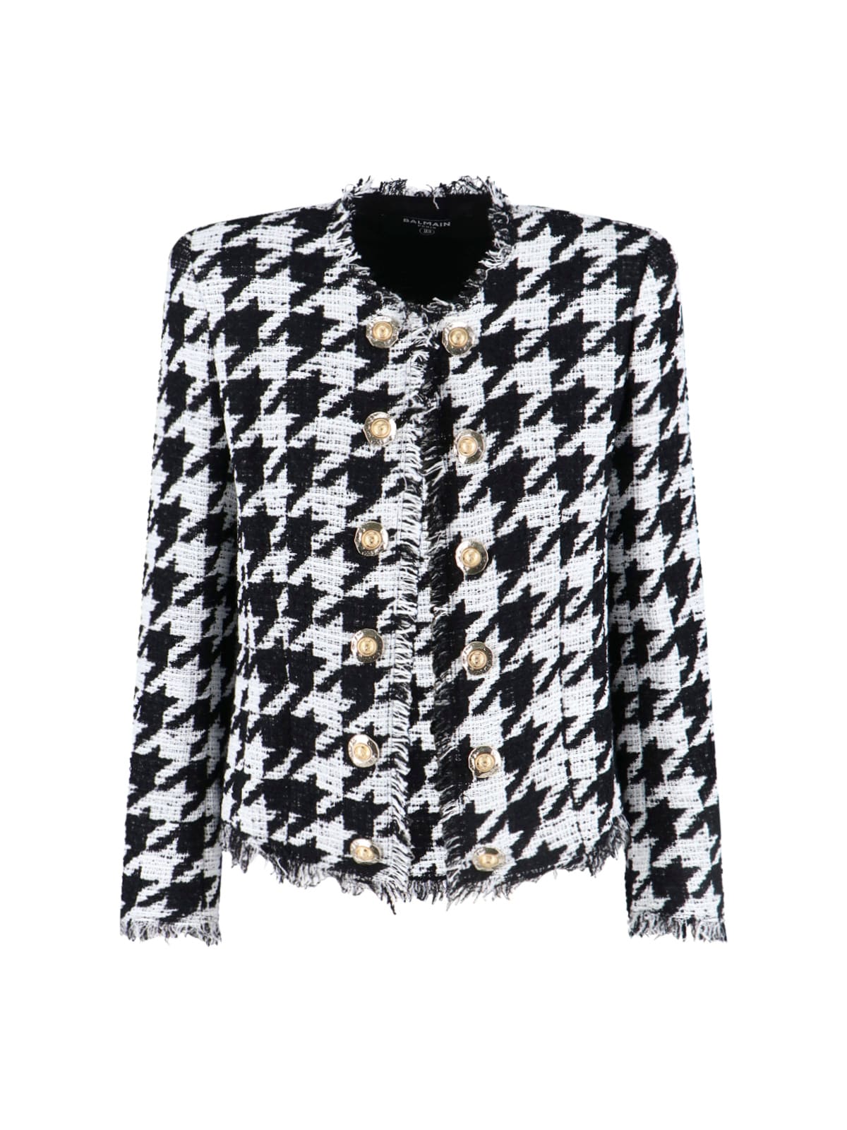 Balmain 'spencer' Black And White Jacket With All-over Check Motif And Fringed Hem In Black