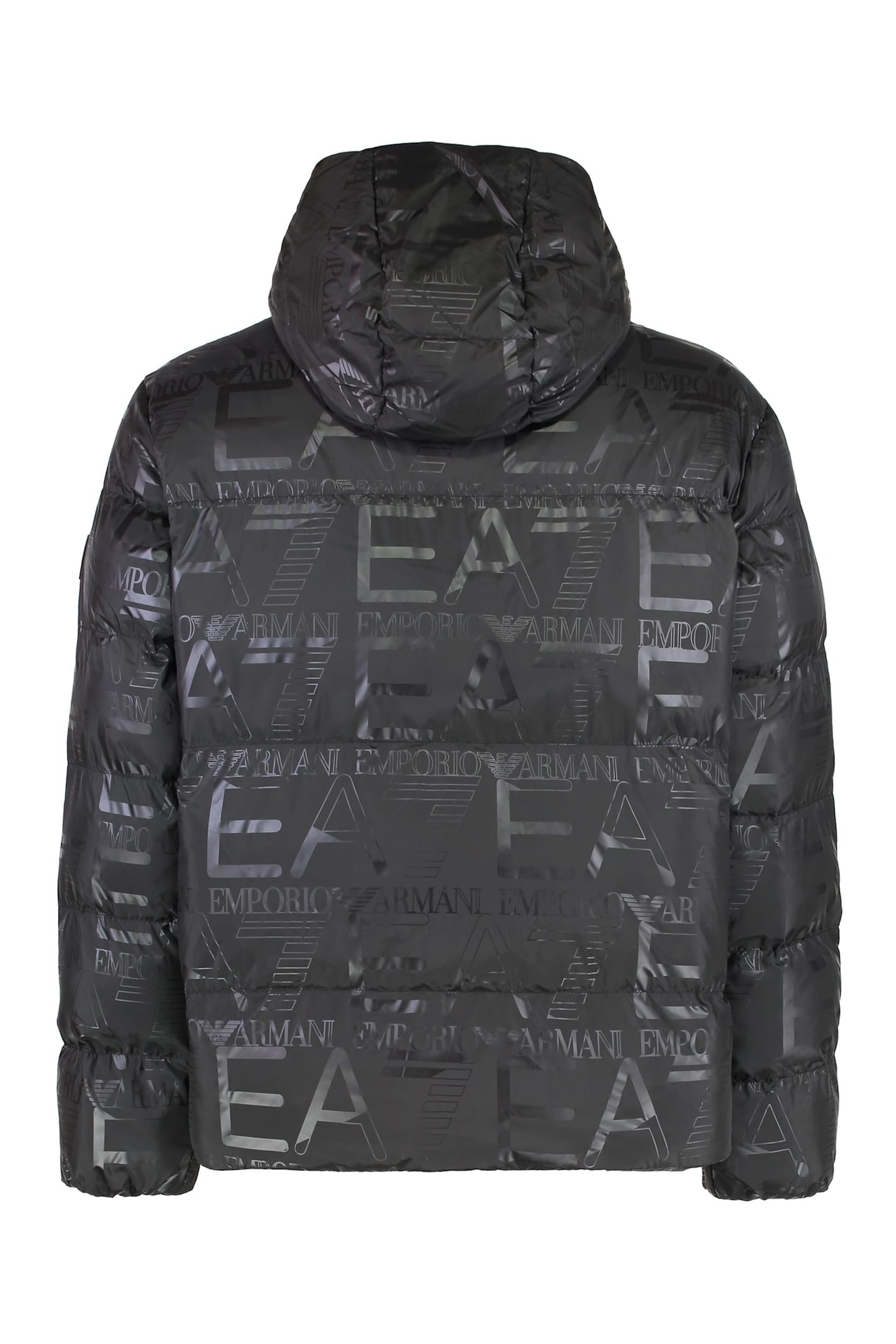 Ea7 Ll-over Logo Print Padded Jacket In Black