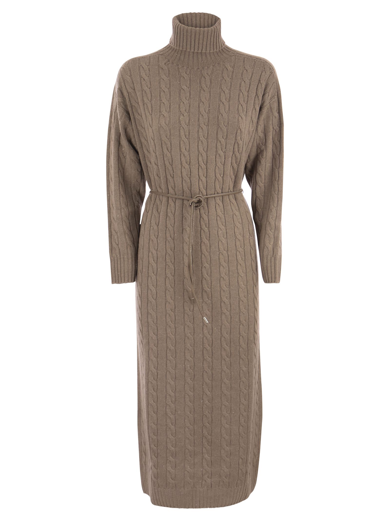 Shop Peserico Wool, Silk And Cashmere Turtleneck Dress In Camel