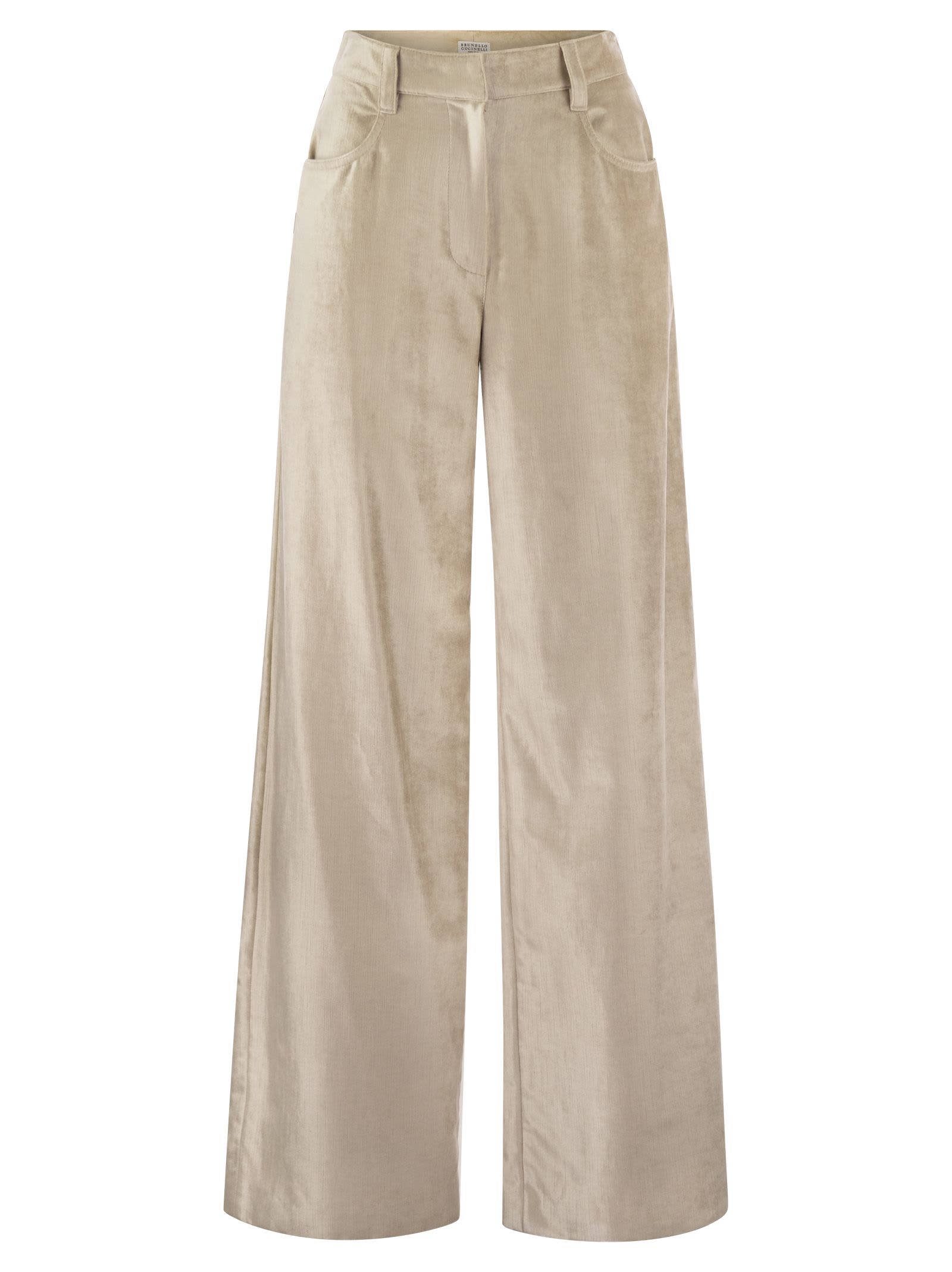 Shop Brunello Cucinelli Sleek Velvet Cotton And Viscose Loose Trousers In Beige