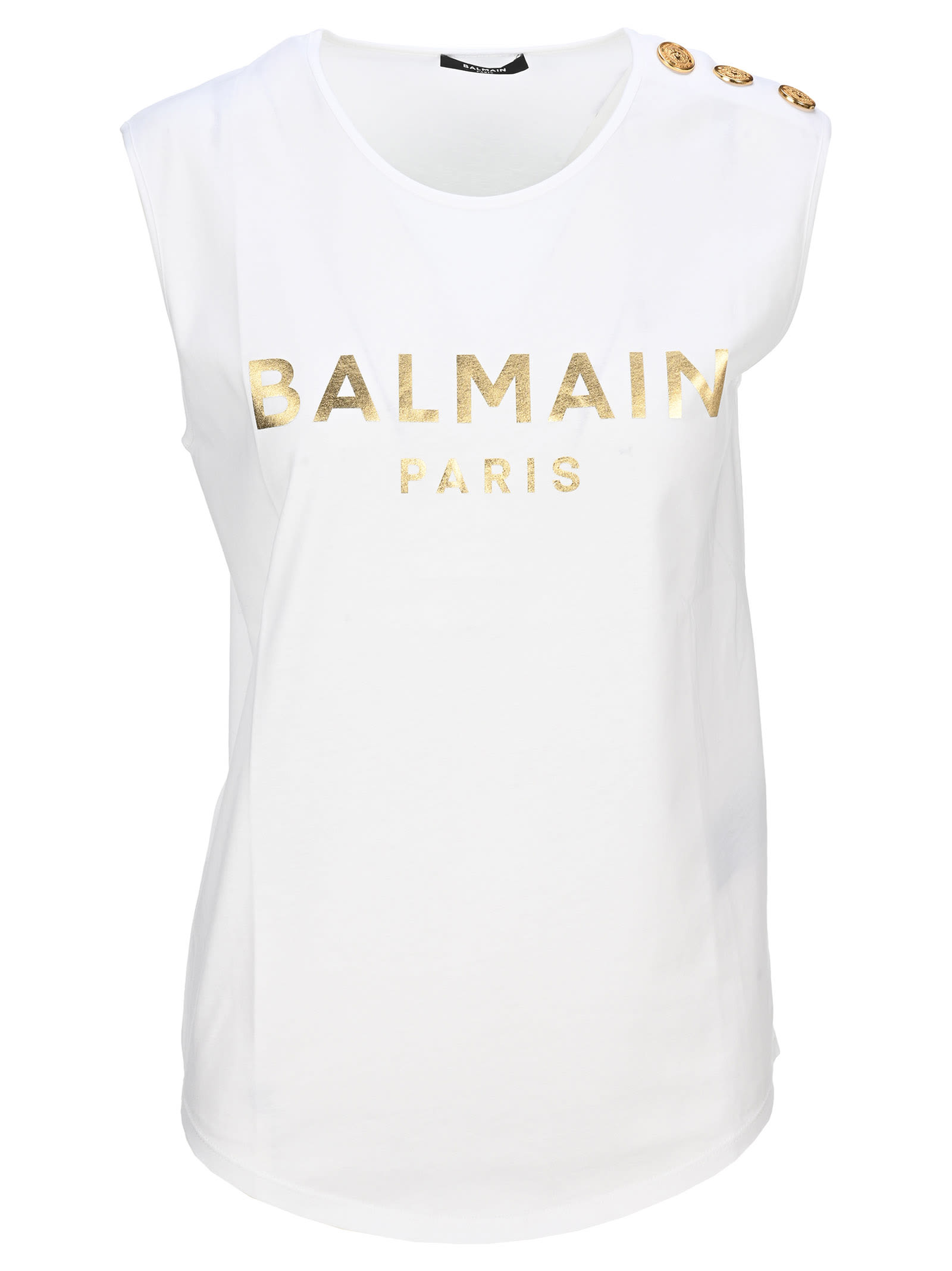 Click to view more detailed imagery on our partner's website Balmain Buttoned Logo Tank Top In White Gold