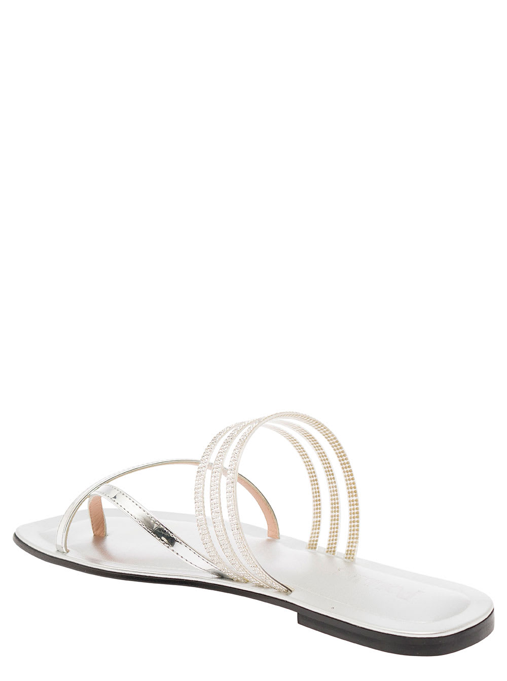 Shop Pollini Silver-tone Thongs Sandals With Metallic And Rhinestone Bands In Leather Woman