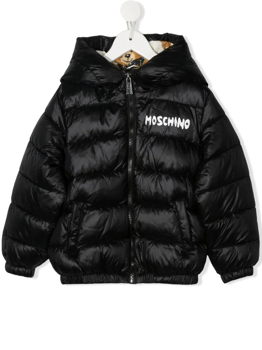 Moschino Kids Down Jacket In Black Nylon With Teddy Bear On The Back