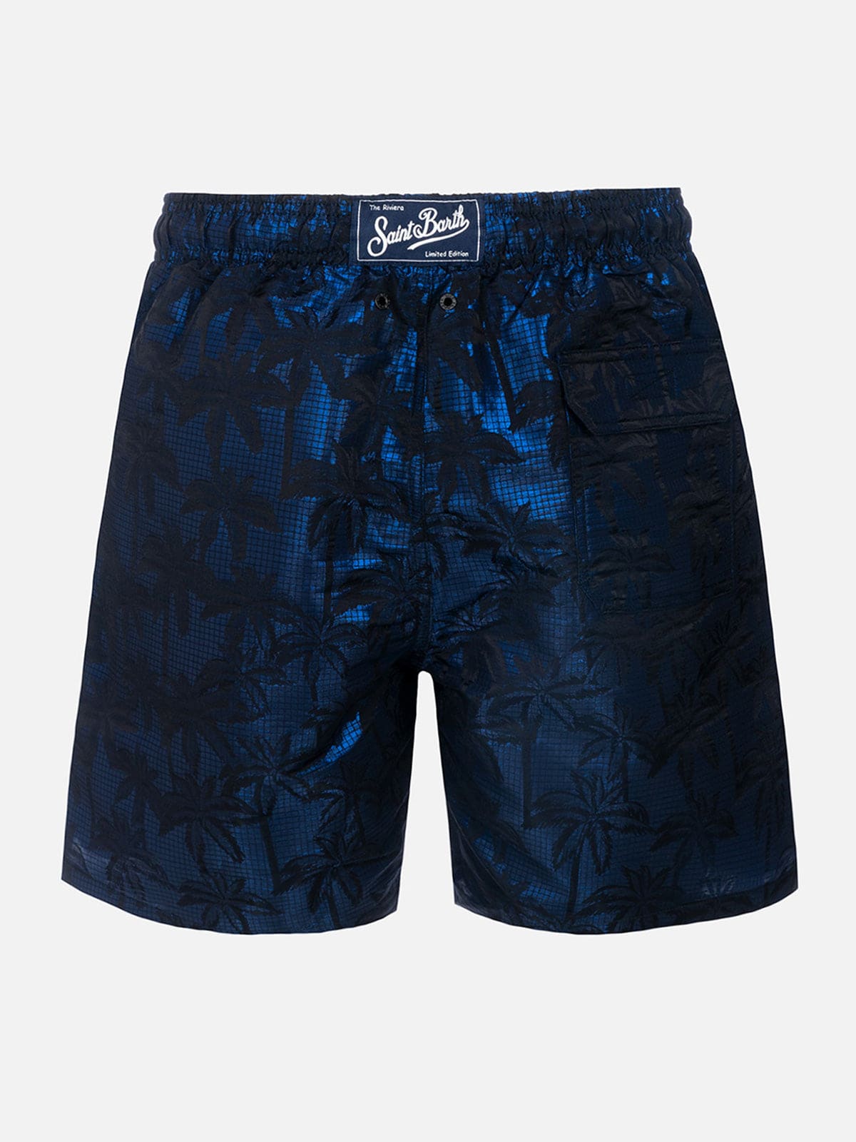 Mc2 Saint Barth Man Ripstop Fabric Swim Shorts Harbour The Riviera With Palm Jacquard Print In Blue