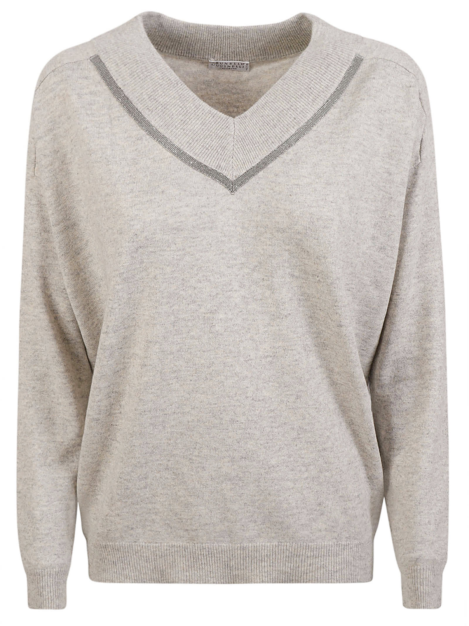 Shop Brunello Cucinelli V-neck Embellished Ribbed Sweater In Greige