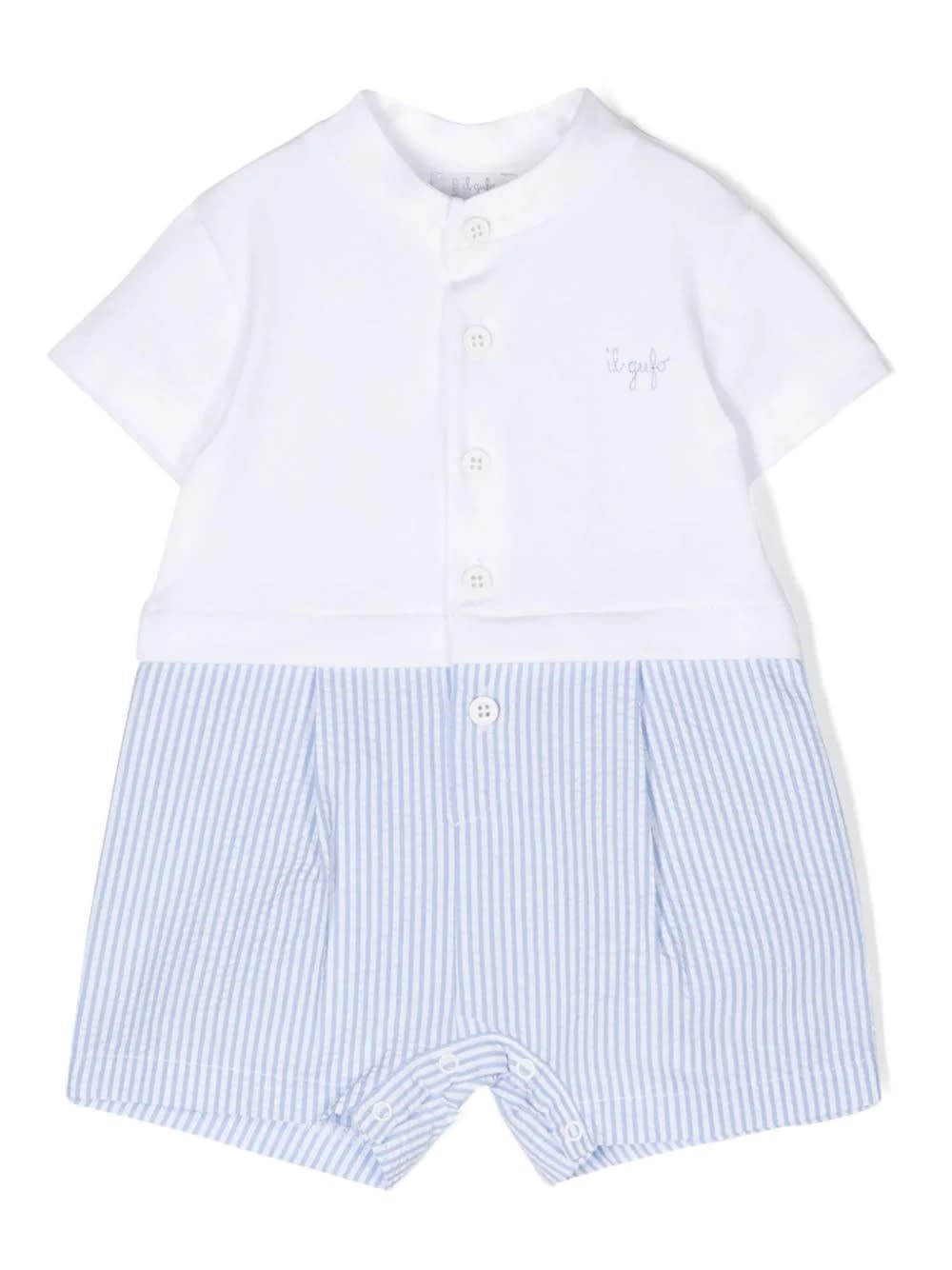 Il Gufo Babies' Light Blue And White Striped Seersucker Short Playsuit In Two Different Materials