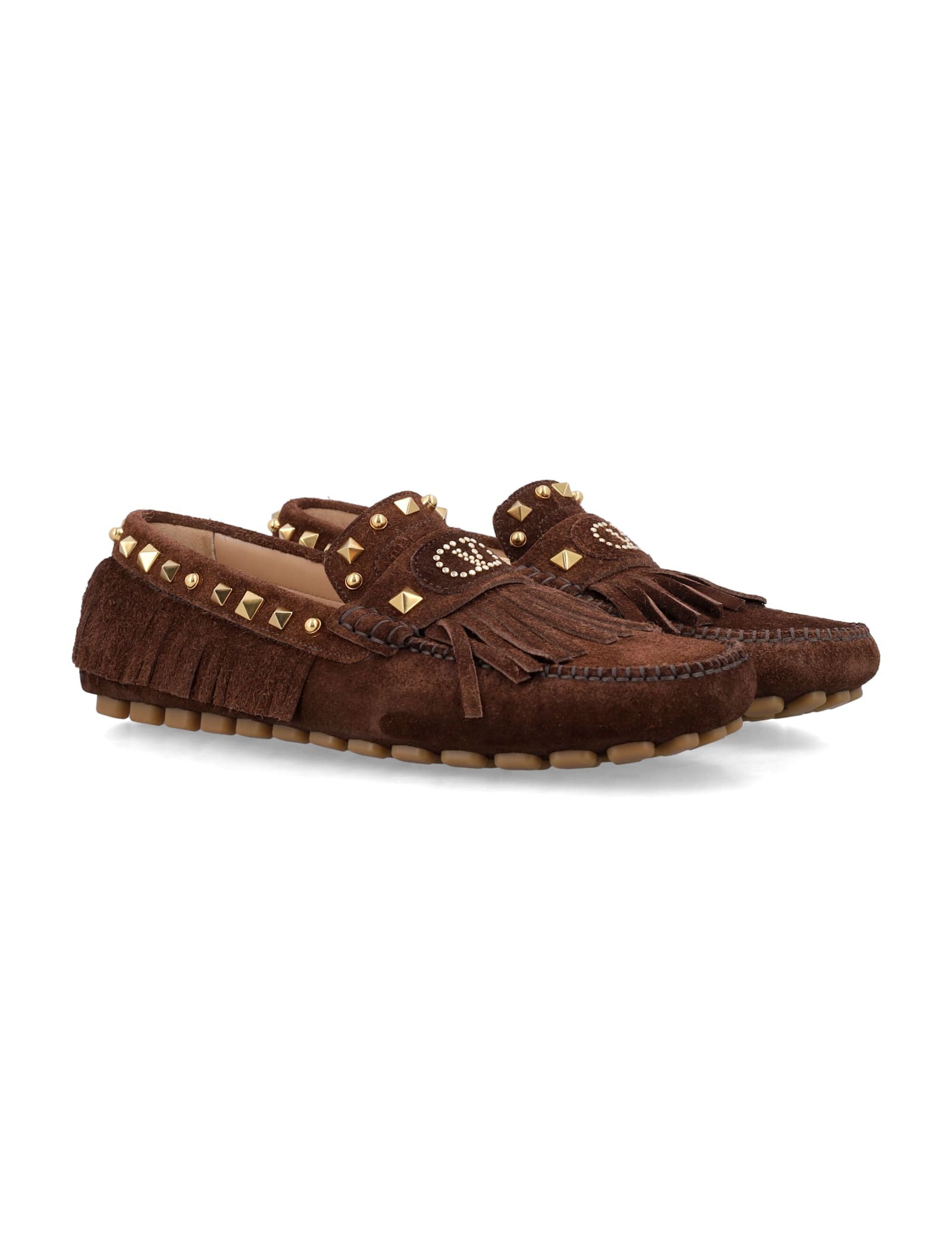 Valentino Garavani Driver Fastaway Loafer With Fringes And Decorative Studs In Brown