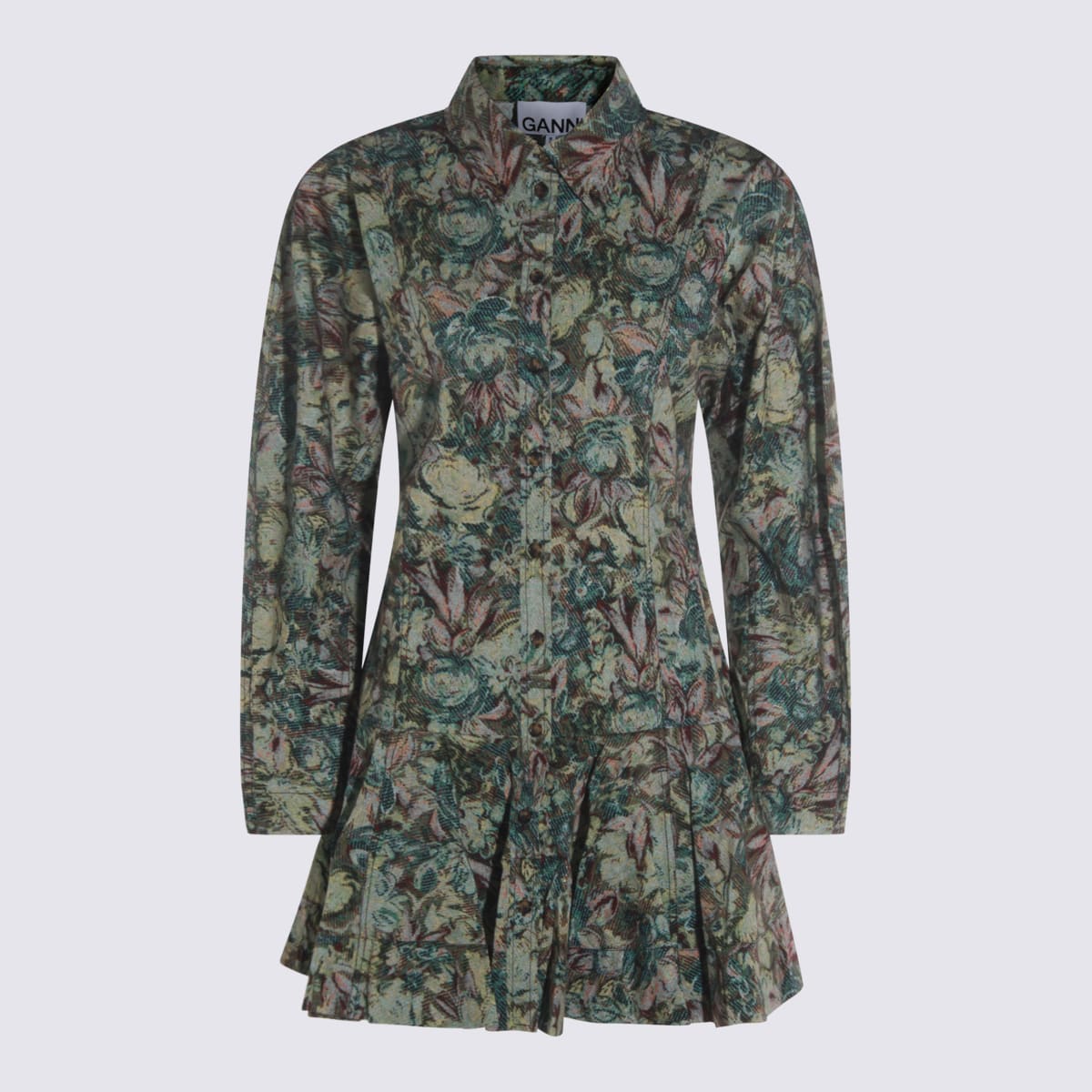 Ganni Floral Long Sleeve Dress With Pleated Skirt In Green