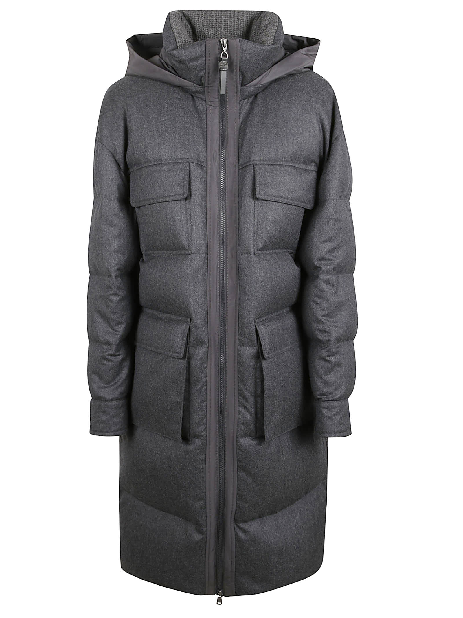Brunello Cucinelli Long Quilted Down Jacket Hooded In Gray