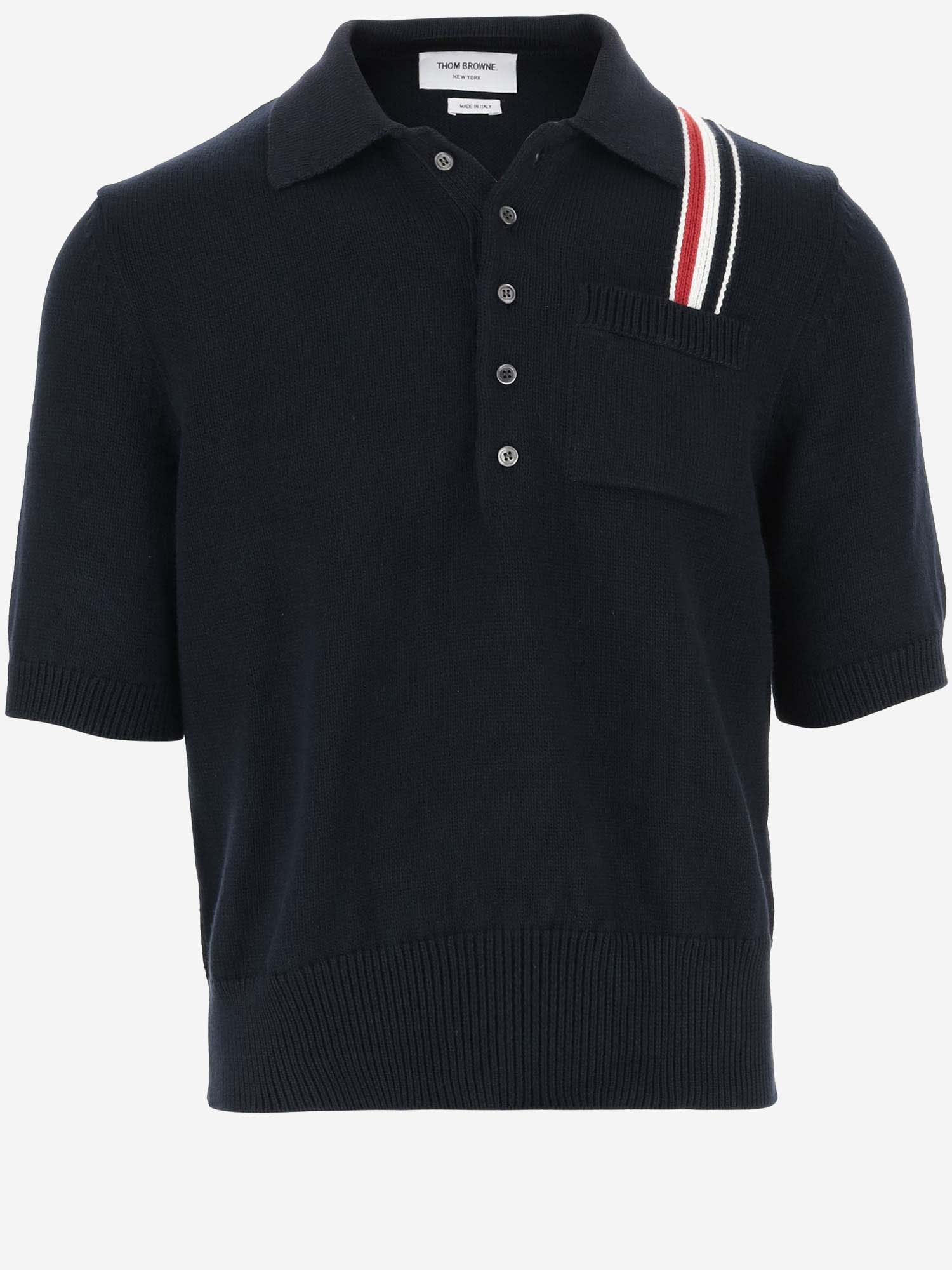 Shop Thom Browne Cotton Polo Shirt With Tricolor Detail In Blue