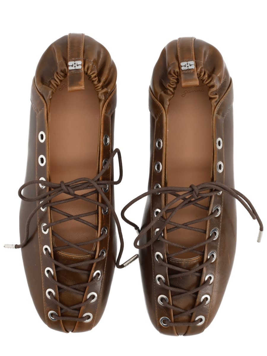 Ganni Khaki Oleatex Lace-up Ballerina Flats In Brown