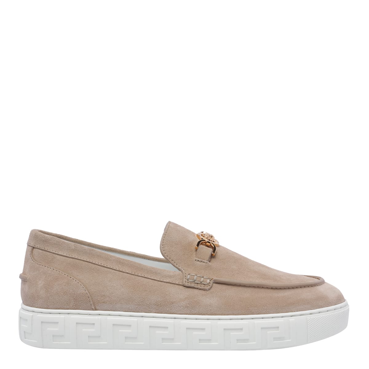 Shop Versace Medusa 95 Suede Greca Loafers In Beige