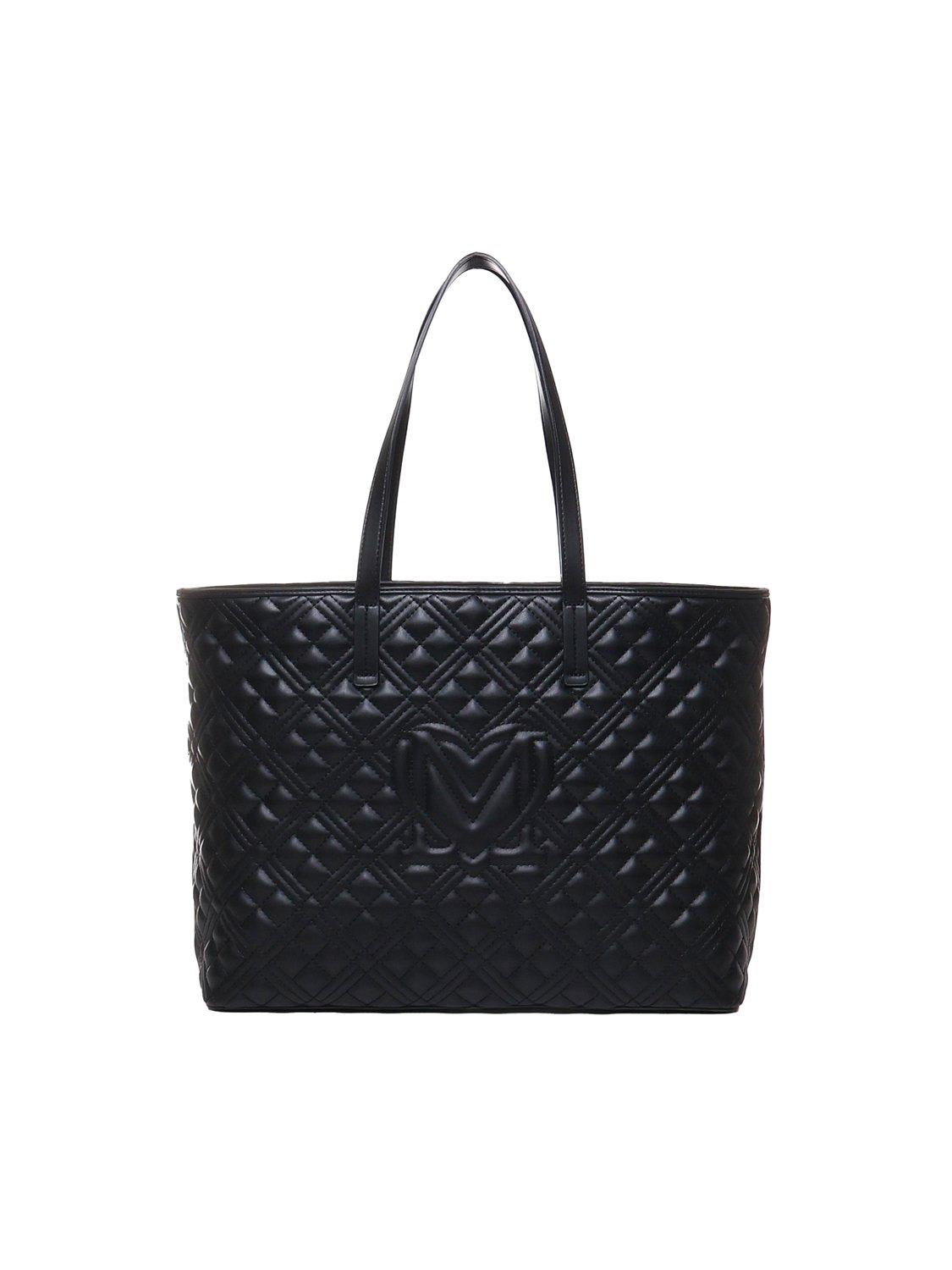 Shop Love Moschino Logo Lettering Quilted Top Handle Bag In Black