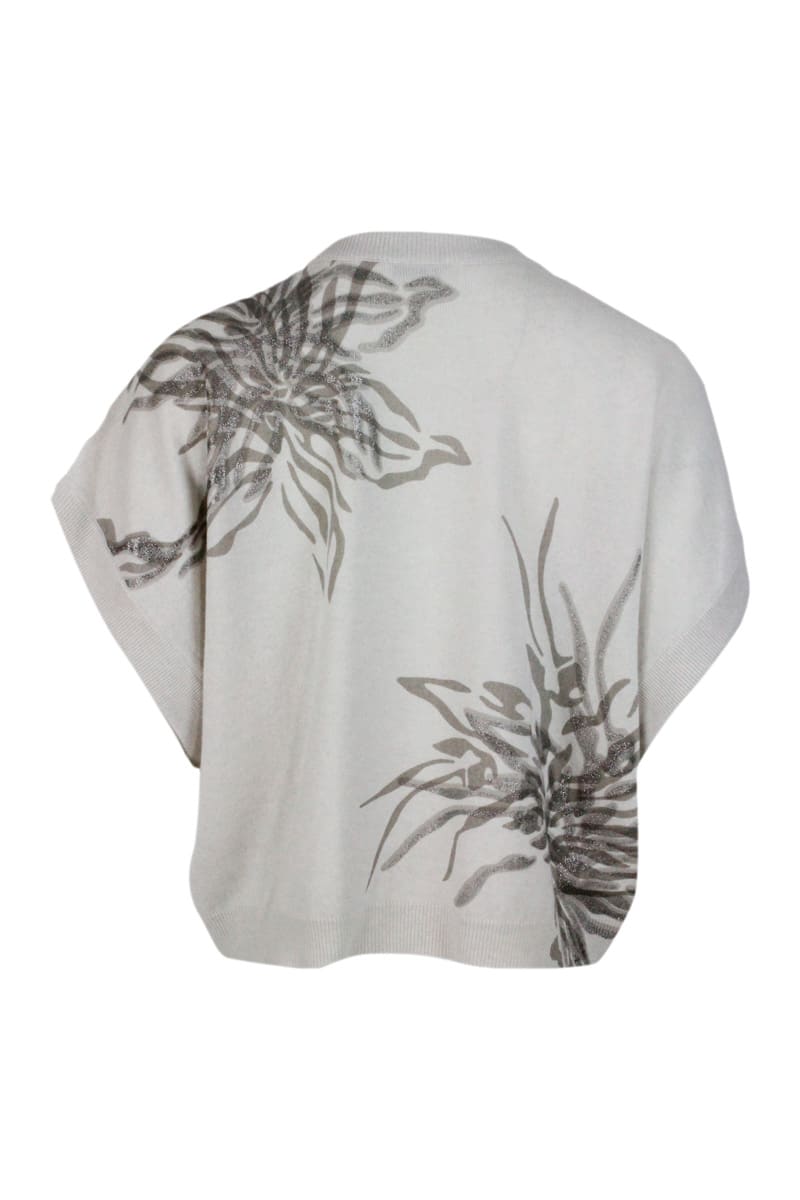 Shop Brunello Cucinelli Crewneck Sweater In Wool, Silk And Cashmere With Floral Print Embellished With Lurex In Cream