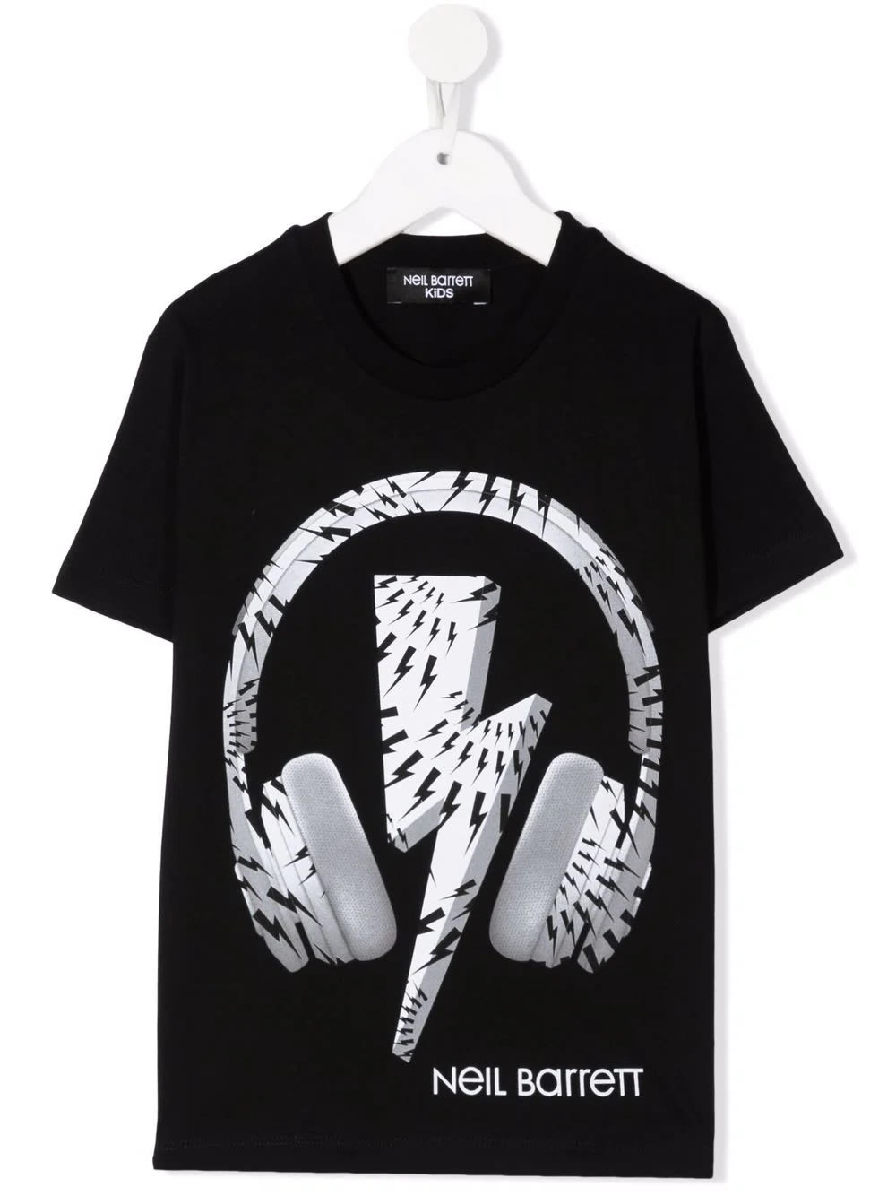Neil Barrett Kids Black T-shirt With Front Logo And Thunderbolt Headphones Print