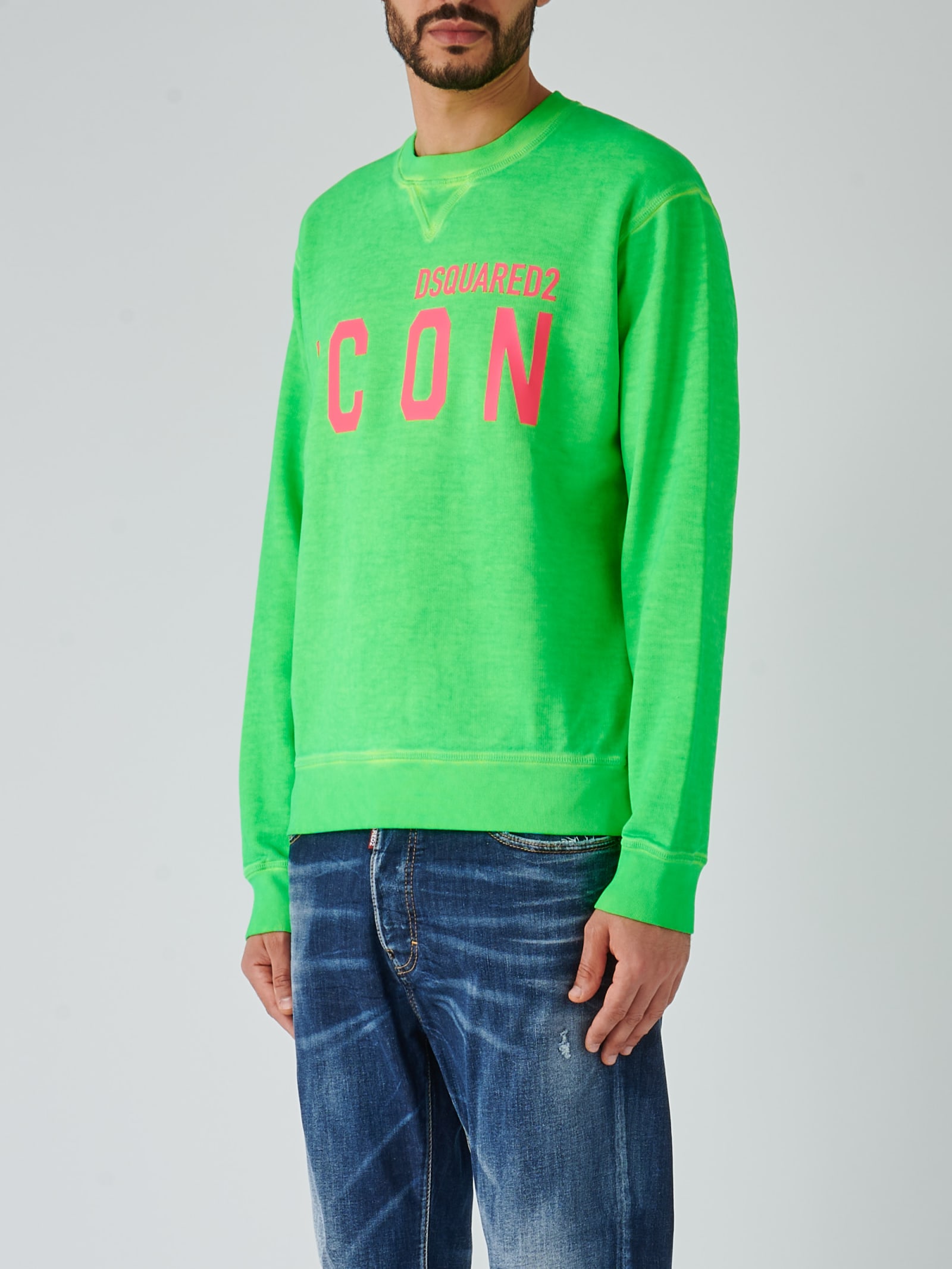 Shop Dsquared2 Be Icon Cool Fit Tee Crewneck Sweatshirt In Verde Fluo