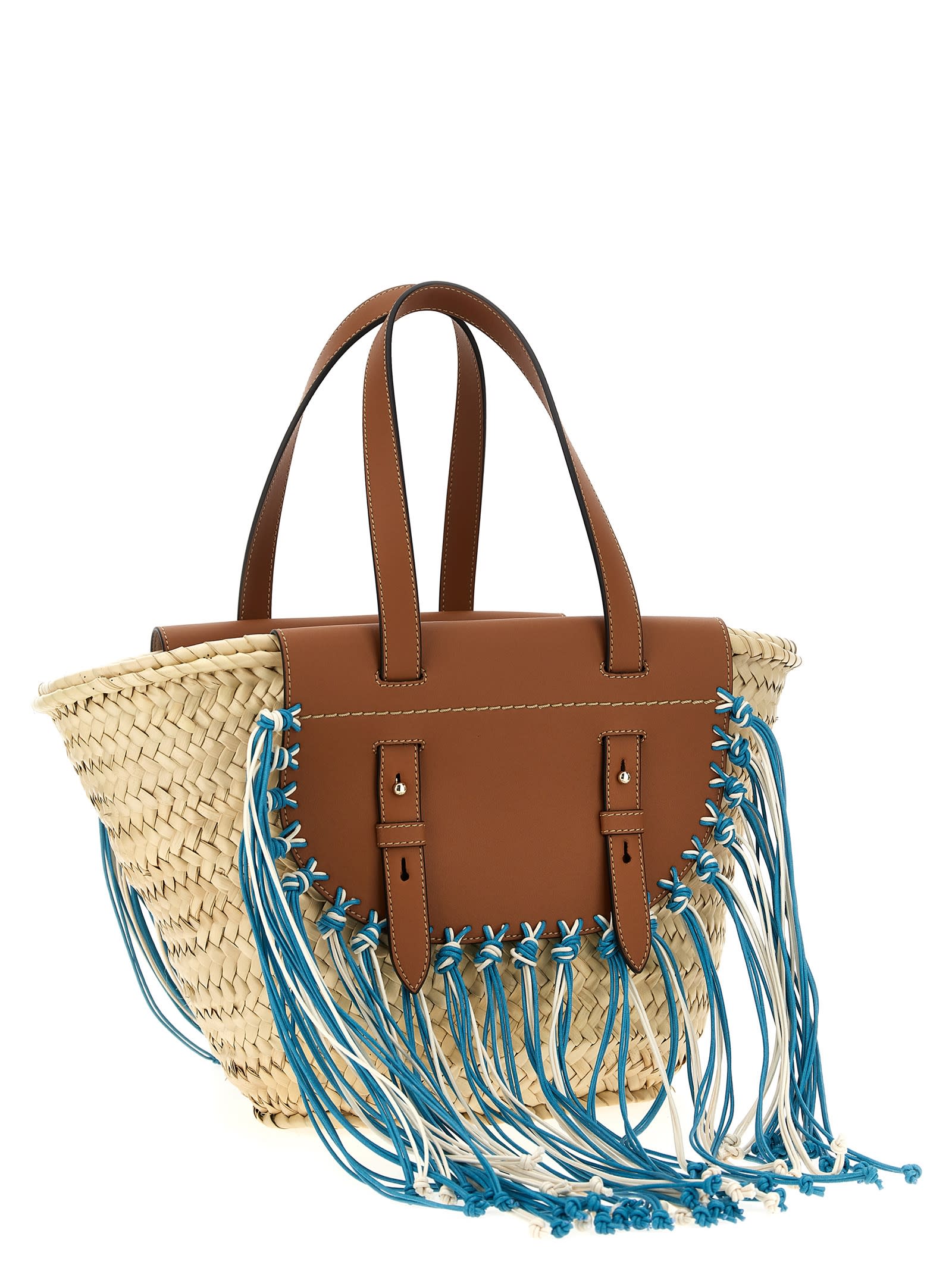 Cuba Lab Structured Brown Handbag With Woven Straw In Multicolor