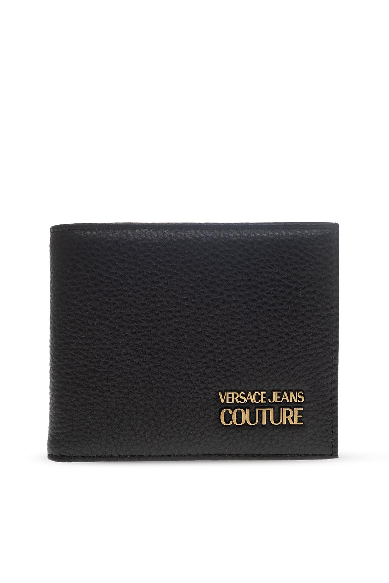 Versace Jeans Couture Leather Wallet With Logo In Nero E Oro