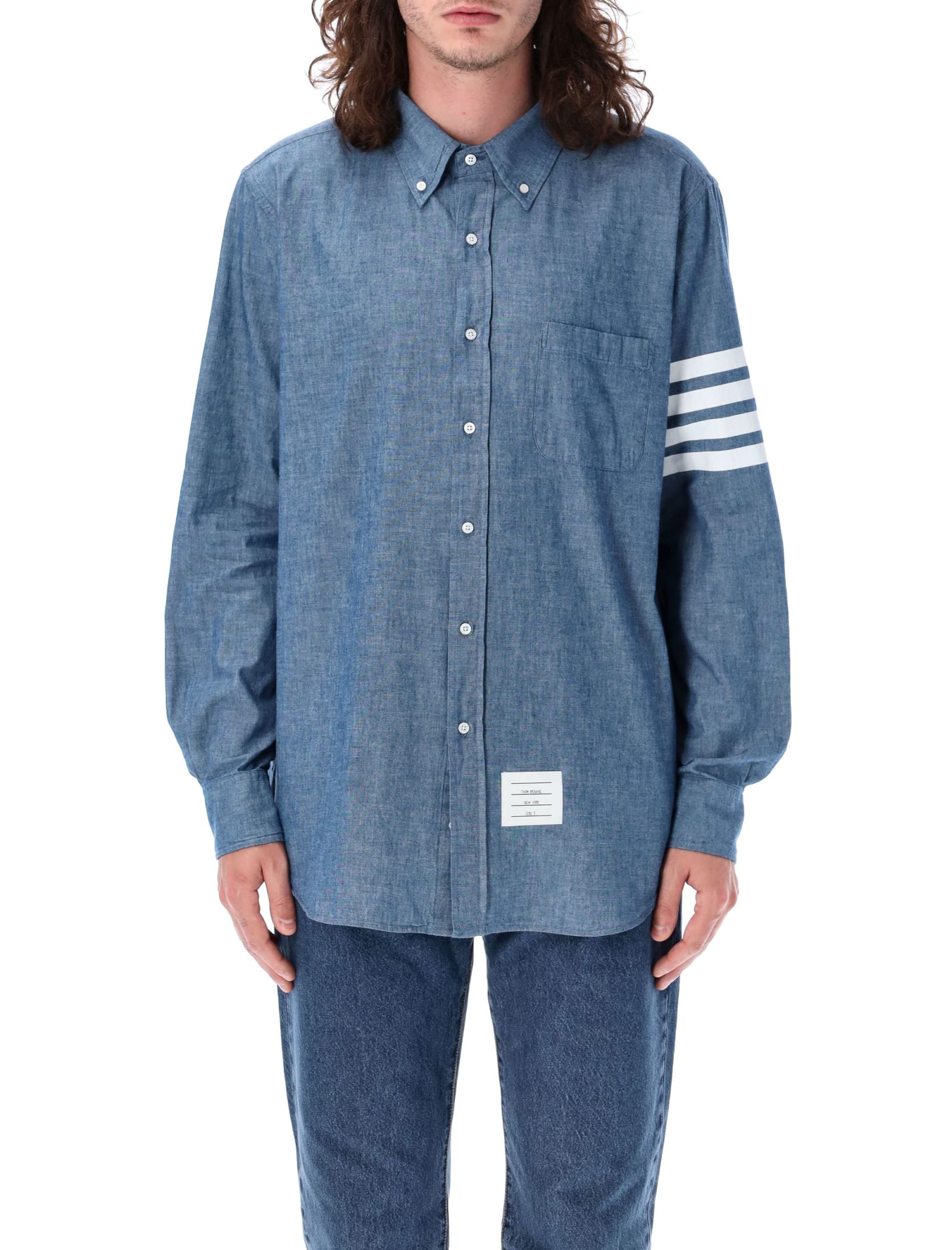Shop Thom Browne Straight Fit Shirt With 4bar In Chambray In Blue
