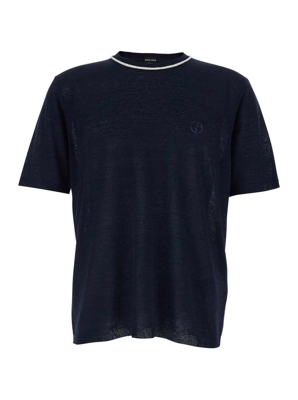 Giorgio Armani Blue Crew Neck T-shirt With Tone-on-tone Logo On The Front In Linen And Silk Blend Man