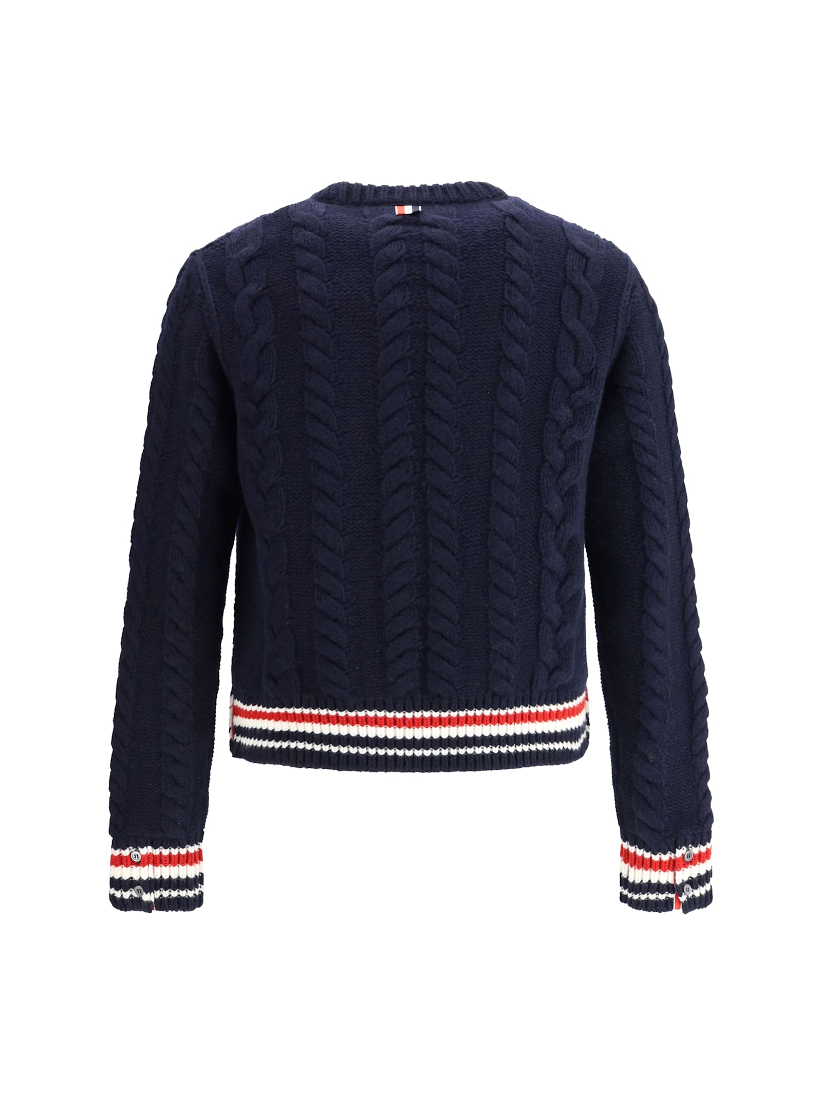 Thom Browne Cable Knit Crew Sweater With Ribbed Cuffs In Black