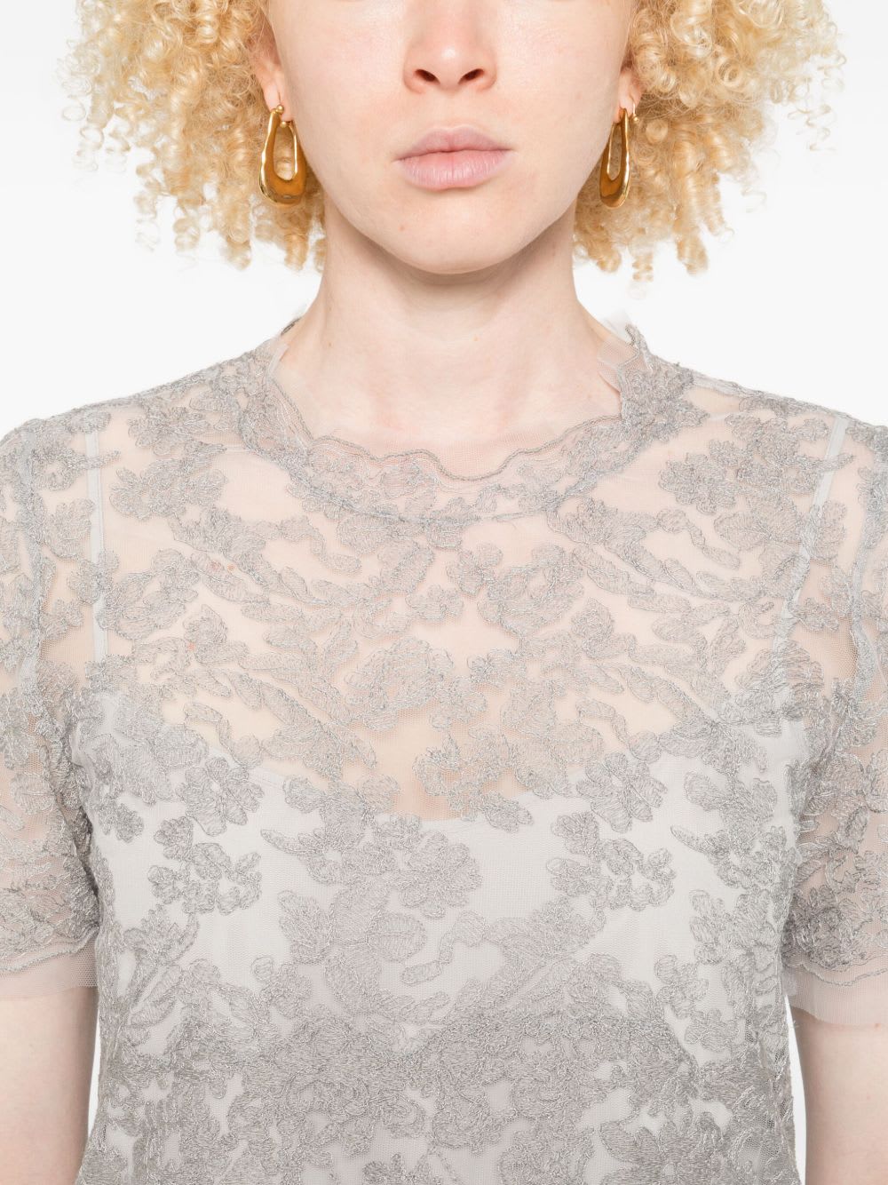 Ermanno Scervino Floral Lace Round Neck Sheer Top In Animal Print