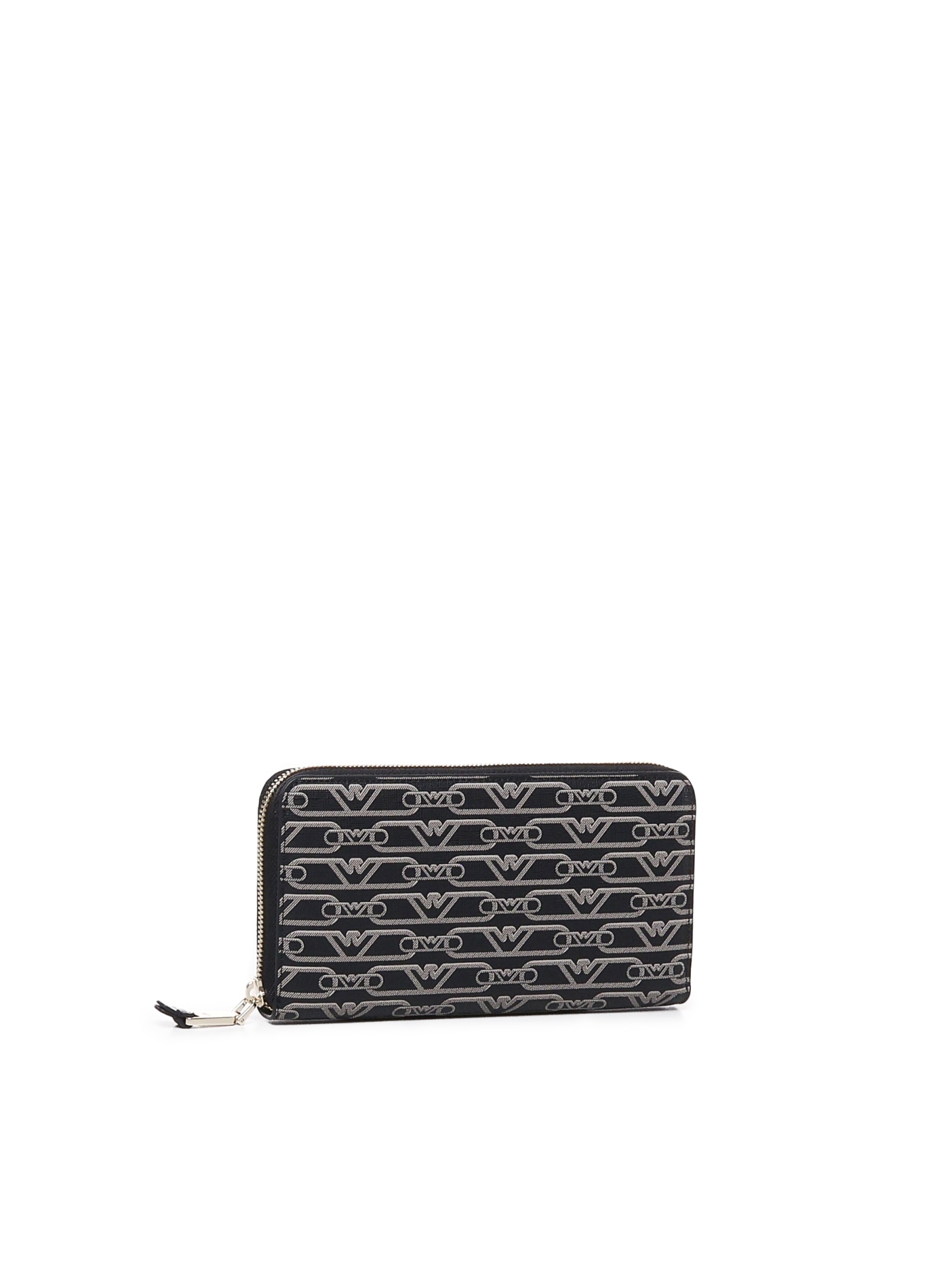 Emporio Armani Zip Around Eagle All Over Wallet In Nero-ecru