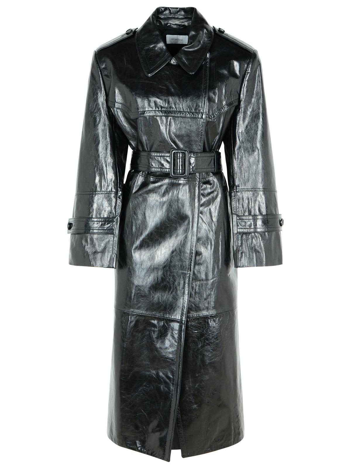 SportMax alfeo12 Black Leather Trench Coat